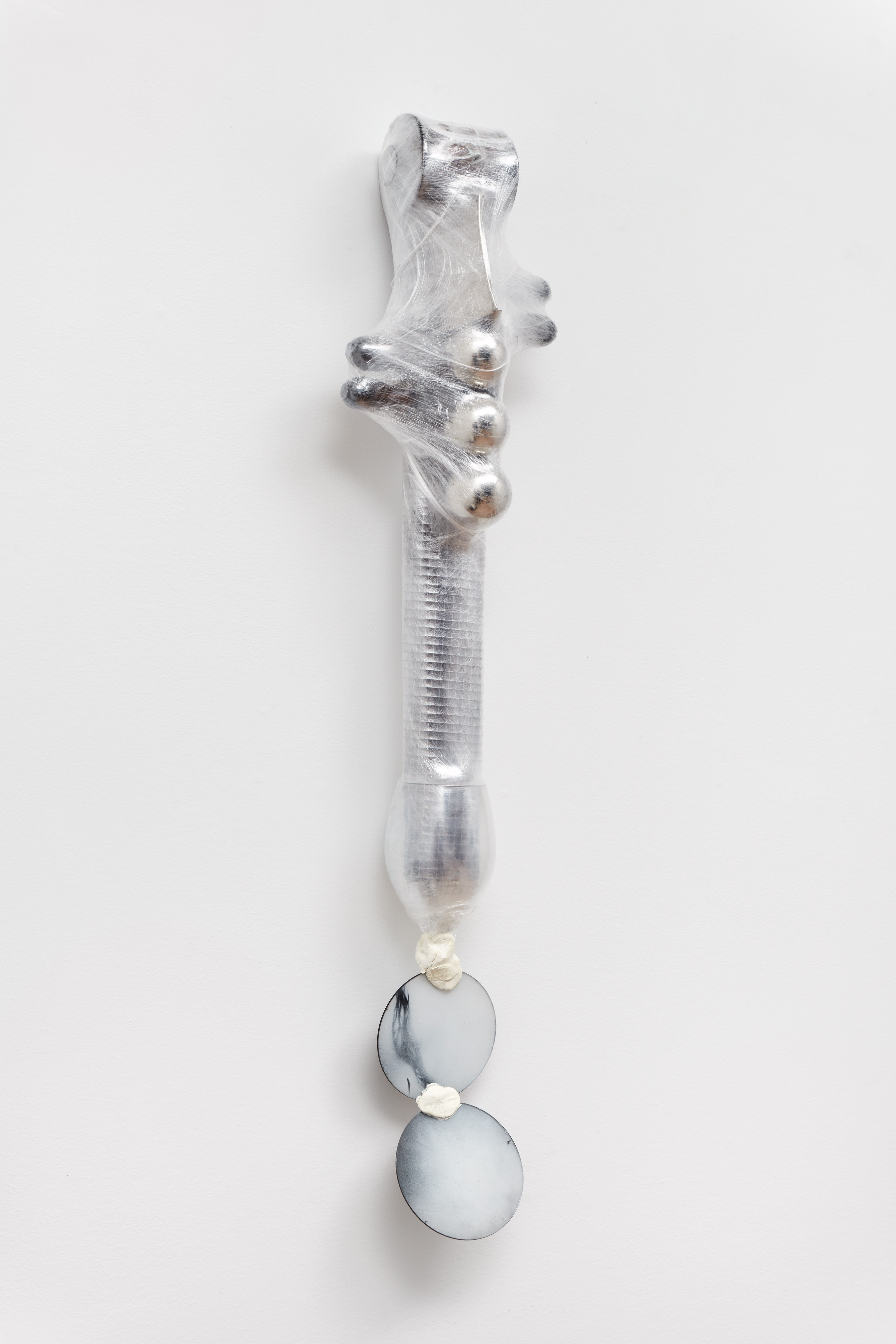 Curtain,   2023  Wood, chrome-plated steel, wire mesh, wine glass, epoxy putty, acrylic plastic, spray paint, cellophane  29 9/10 × 7 1/2 × 1 1/5 in | 76 × 19 × 3 cm