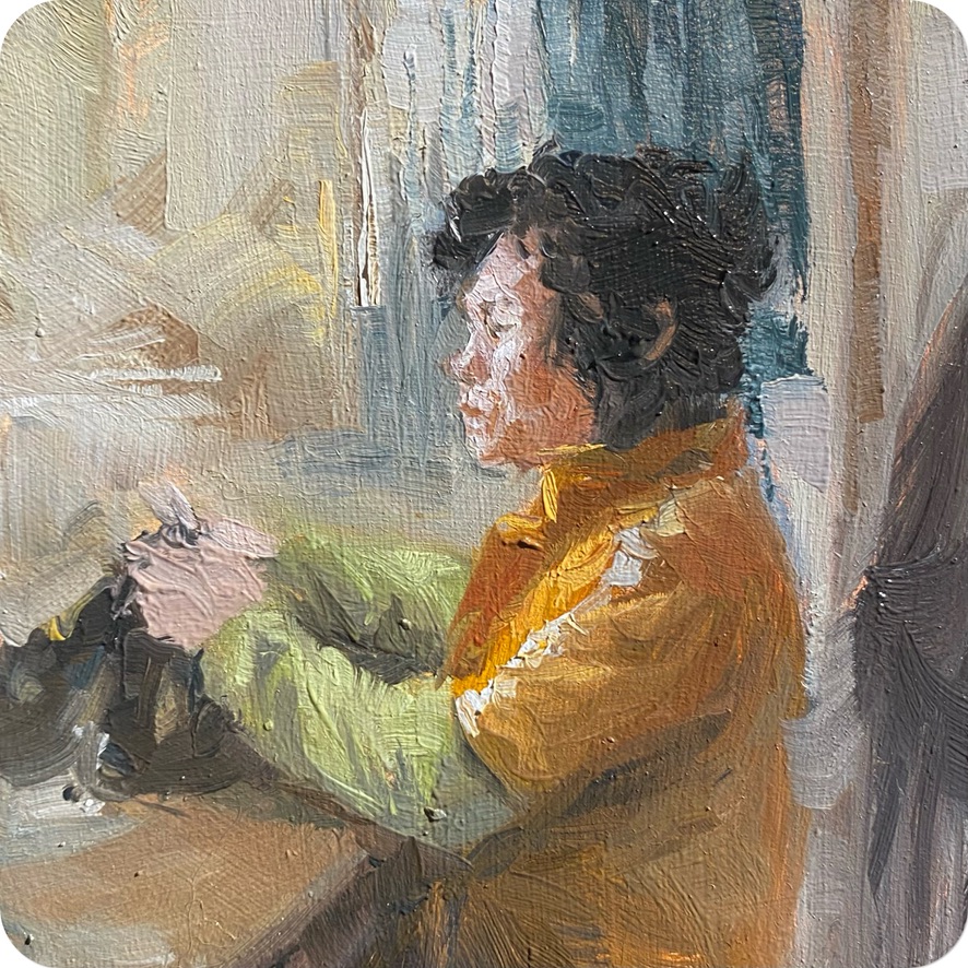 grandma, 202410 x 10 cm oil on MDF coaster