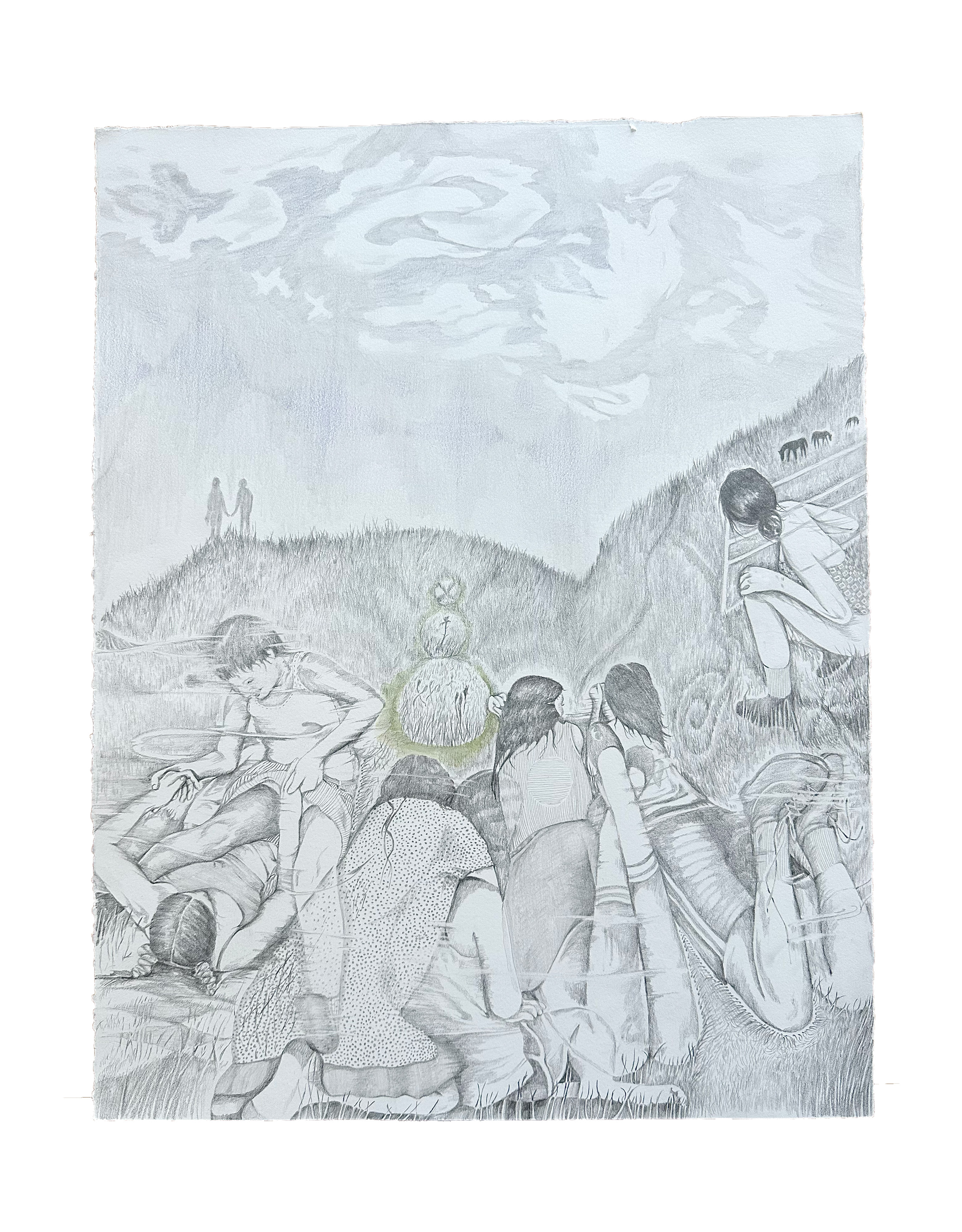 rough-house ritual, 16x20, graphite, colored pencil on paper, 2025