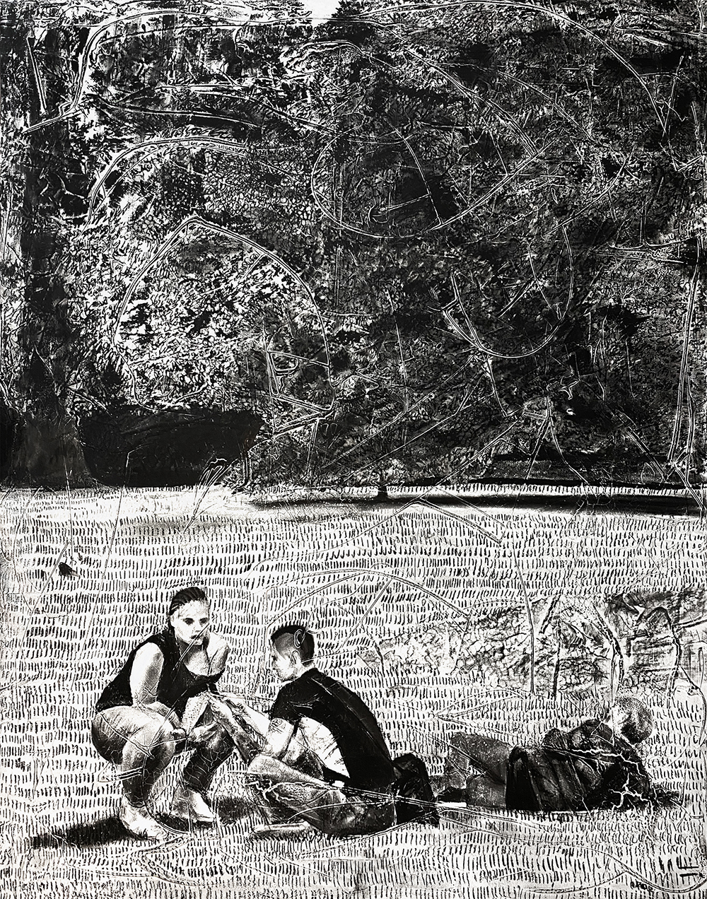 Trees and three at Victoria Tower Gardens South, 2021, charcoal, industrial paint on abandoned canvas, 145.5*112.1(cm)