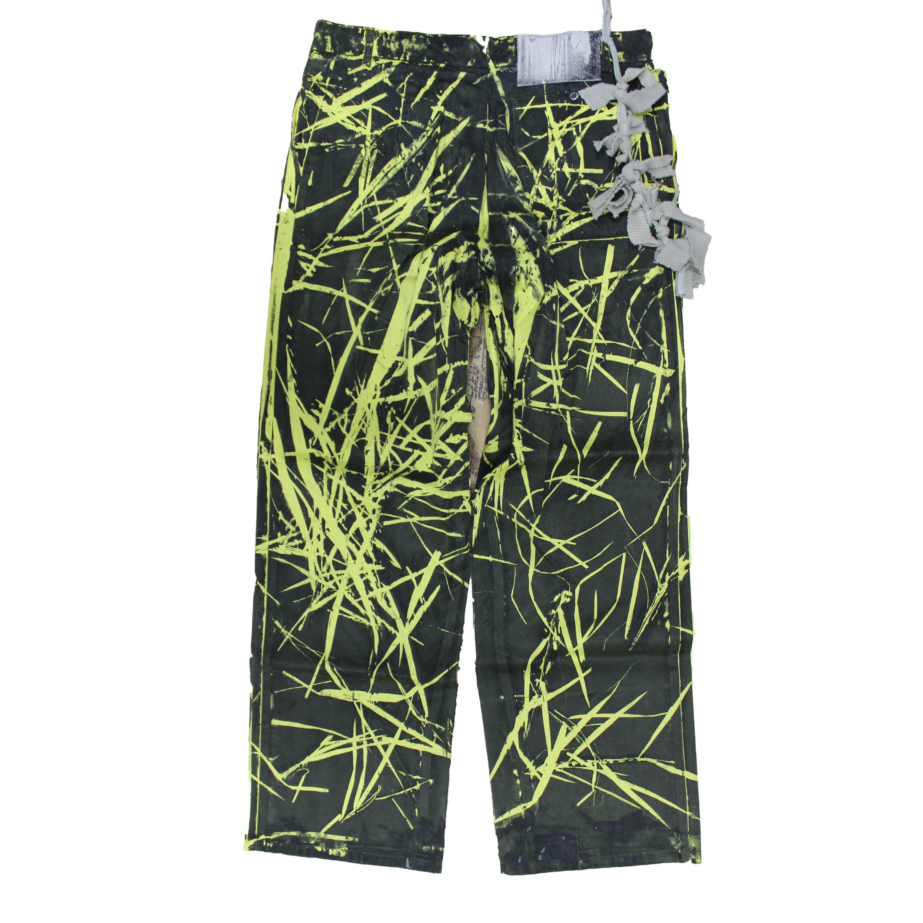 reclaimed vintage surplus denim screen printed with textile dye & grass resist. tailored for straight/wide fit. fitted with custom keychain, scrap chain, and leather patches