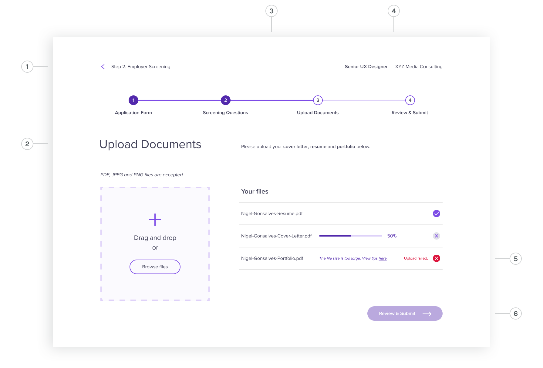 File upload page with application status, upload instructions and distinct file upload statuses.
