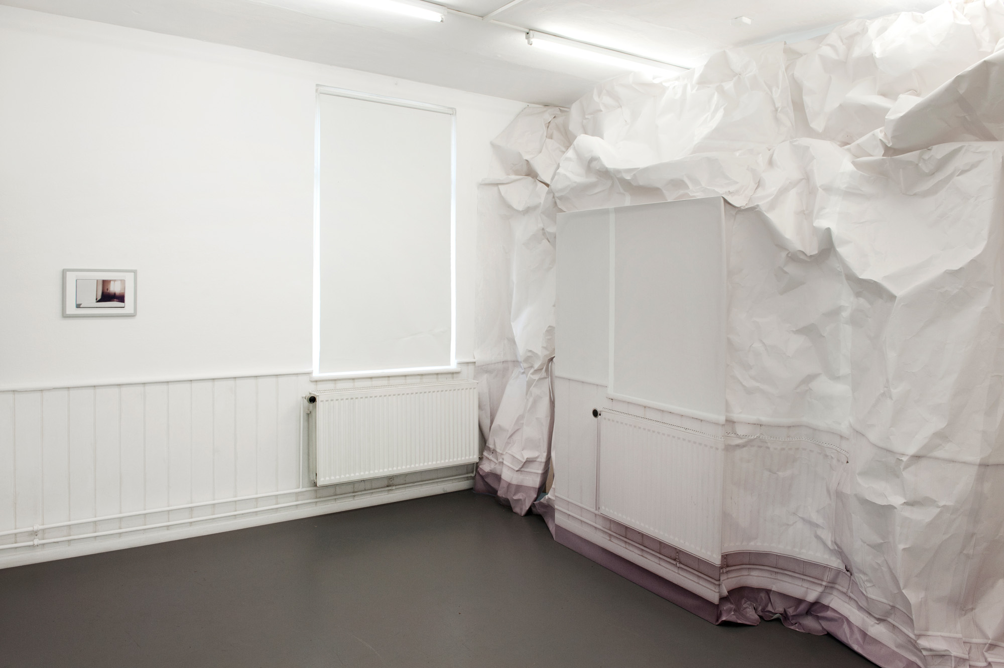 Sabotage, 2016 / fleece wallpaper, partly folded, partly mounted on wood. Dimensions: 4 x  7,7 m. Installed at the Museum of Photography, Braunschweig, 2016