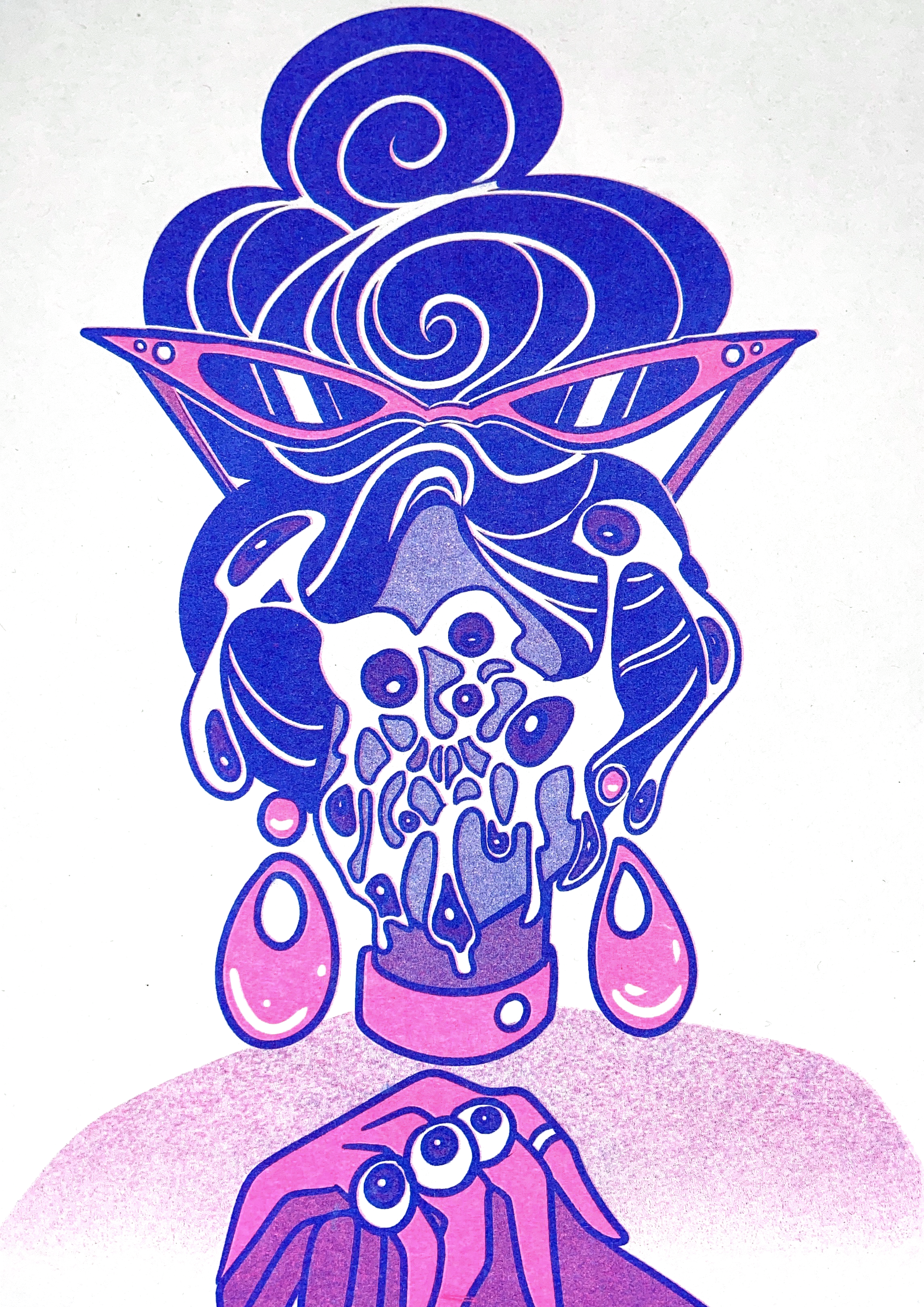 1960's distorted portrait | Medium Blue and Fluorescent Pink Risograph ink on A3 paper (2021)