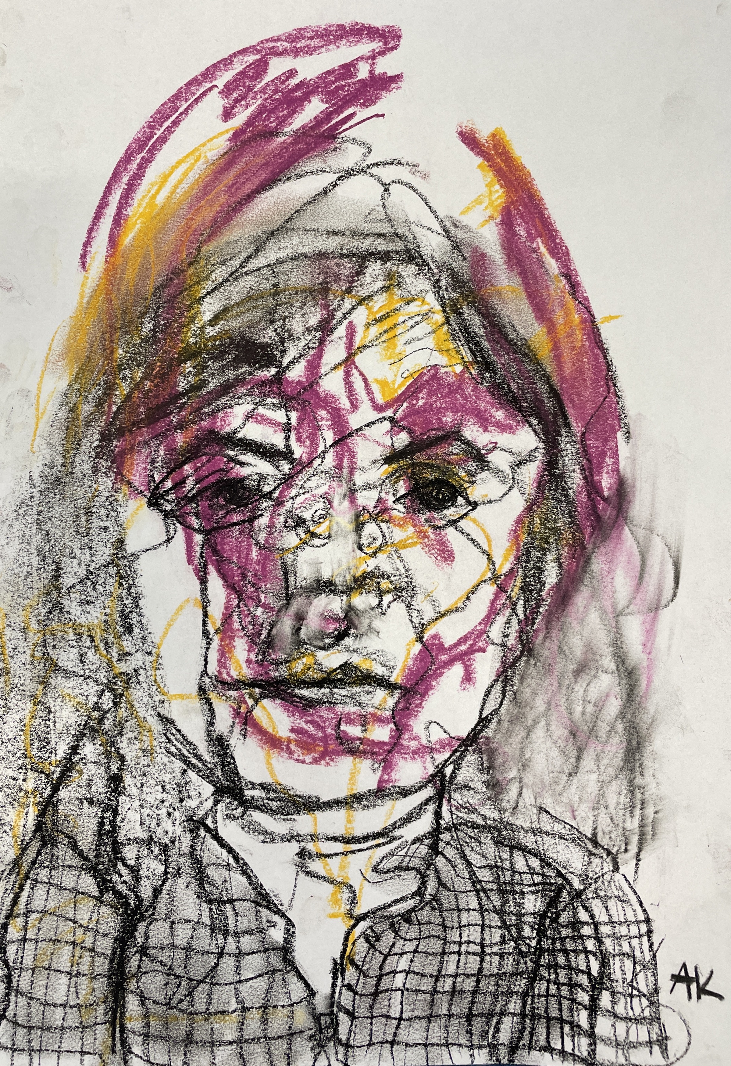 An abstract charcoal portrait of a woman looking stern, with yellow and dark pink textures abstracted on top of her face.
