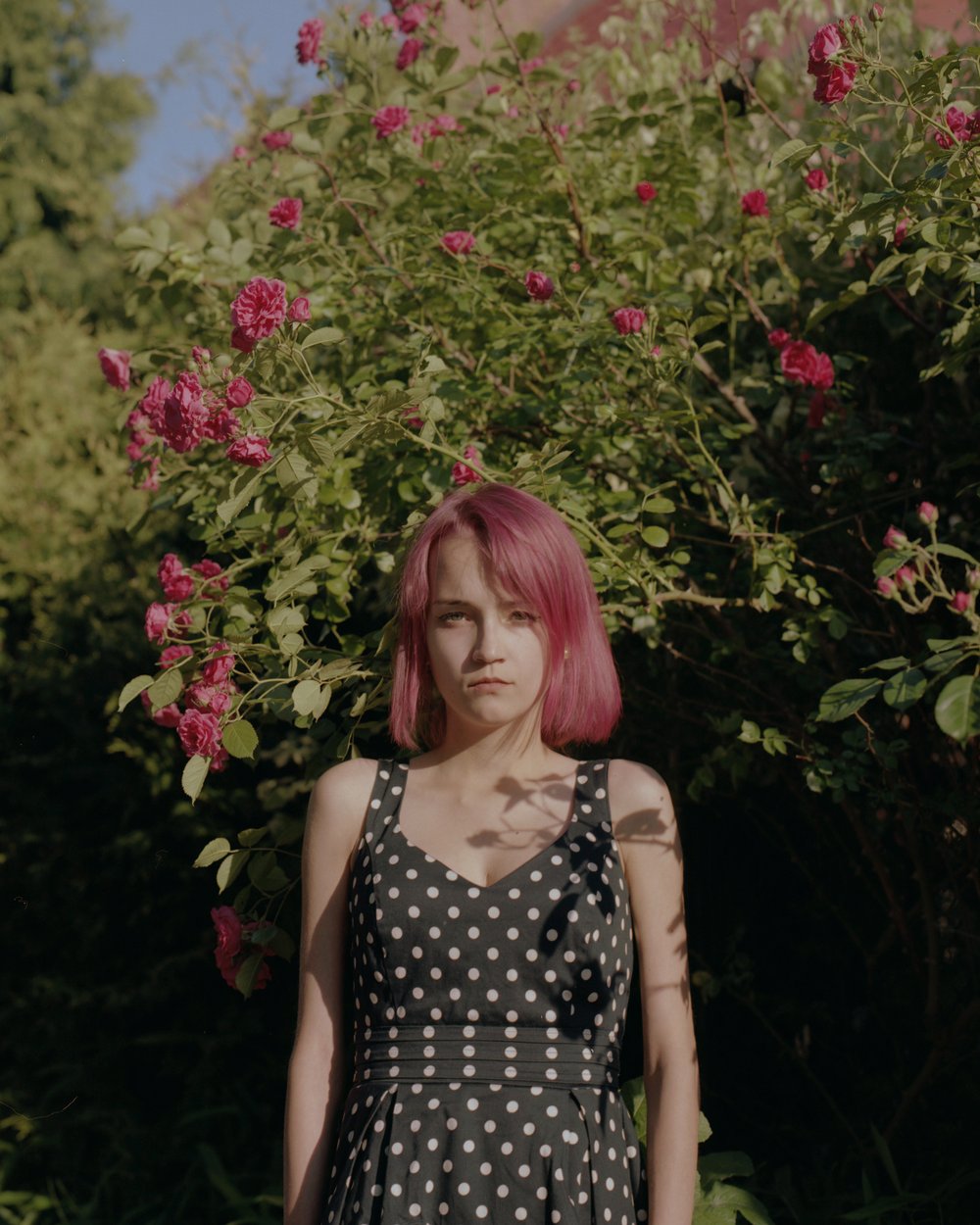 Jagoda with pink hair in front of pink roses. Gniezno, Poland, 2017