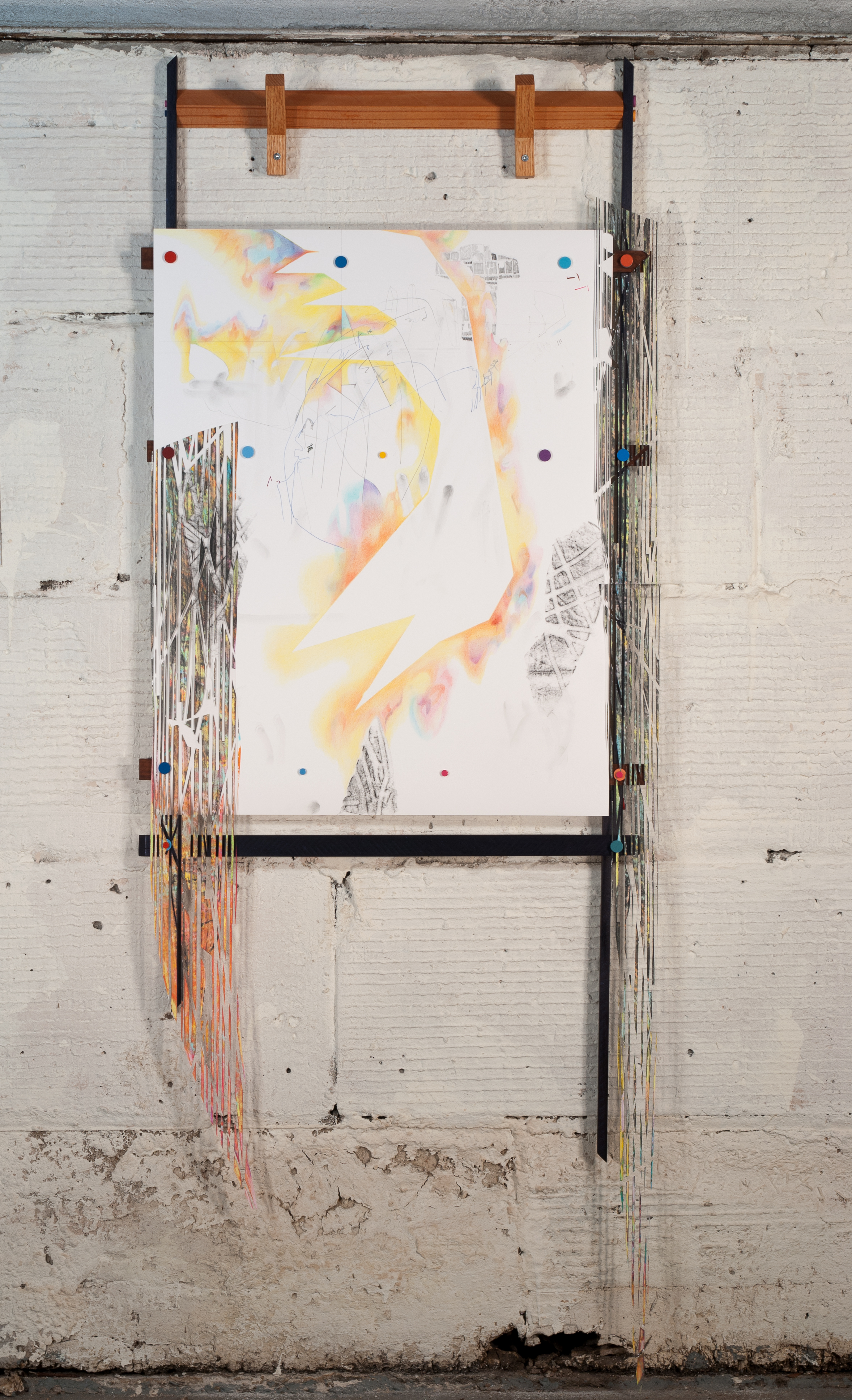 new ether / plaid devil  Ink, graphite, colored pencil and carbon transfer on paper. Oil pastel on acetate. Pigmented stain and enamel on wood. Magnets. 2020 - 63 x 25 x 3