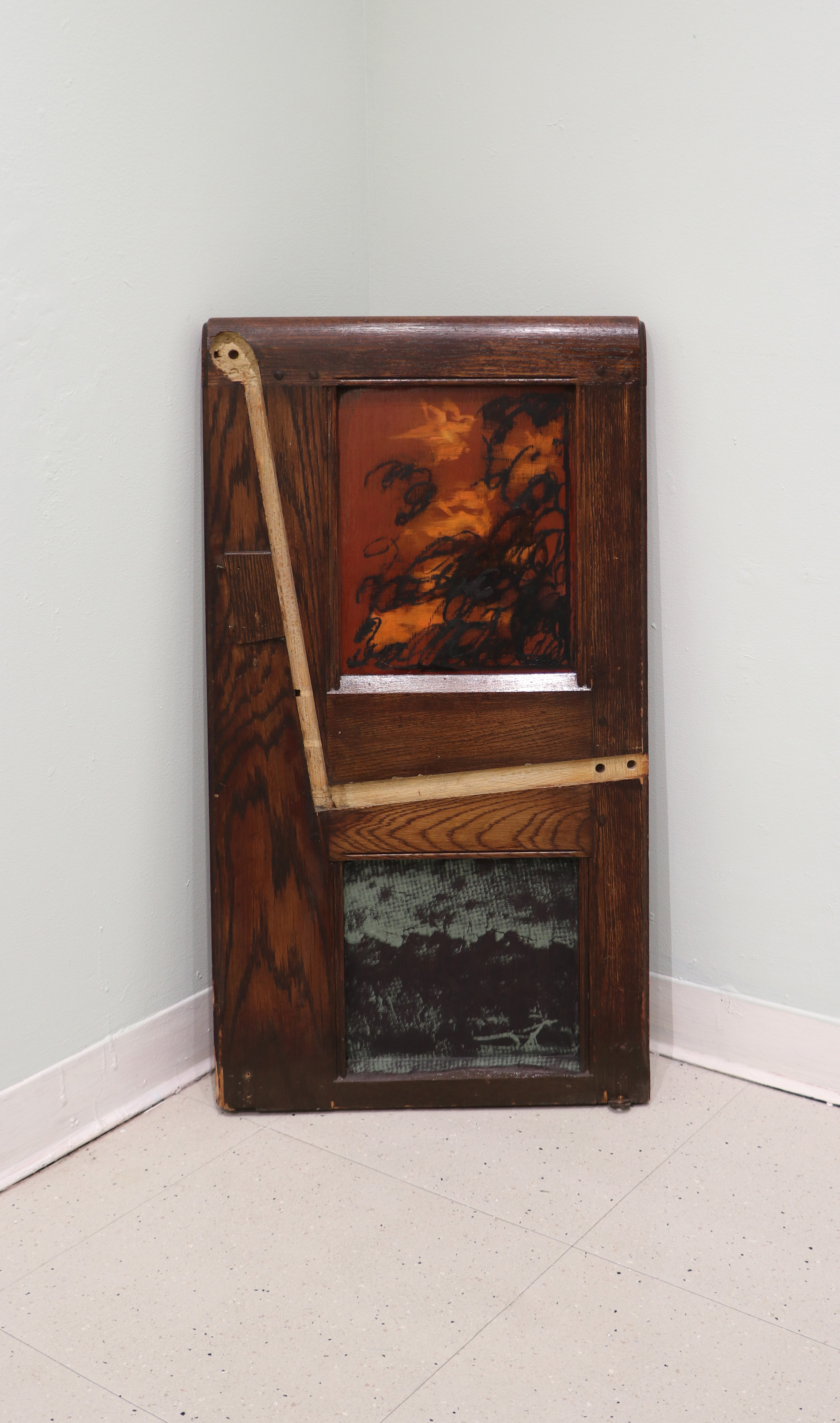 untitled (2024.) found wooden pew, flashe and oil + oilstick on wood, screen print on silk organza on wood. 36&rdquo; x 19.75."