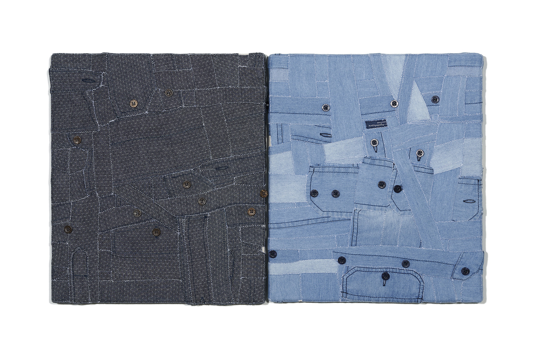 ’Marcelo & Miguel’, 2024. Deconstructed men’s shirts hand stitched over wooden stretchers. 35 x 61 cm 