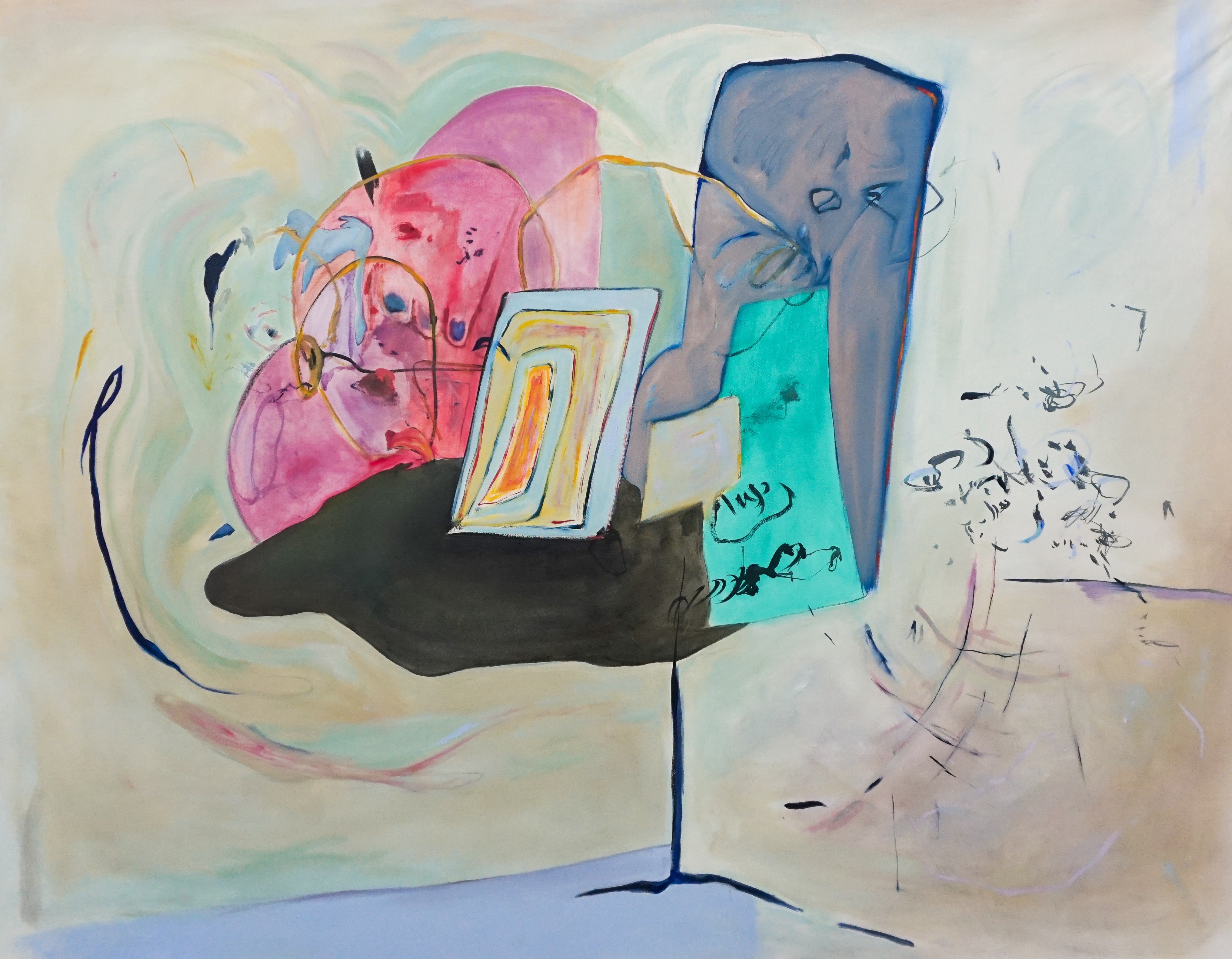 Deliverables, Oil and Ink on Stained Canvas, 66 x 52 in.