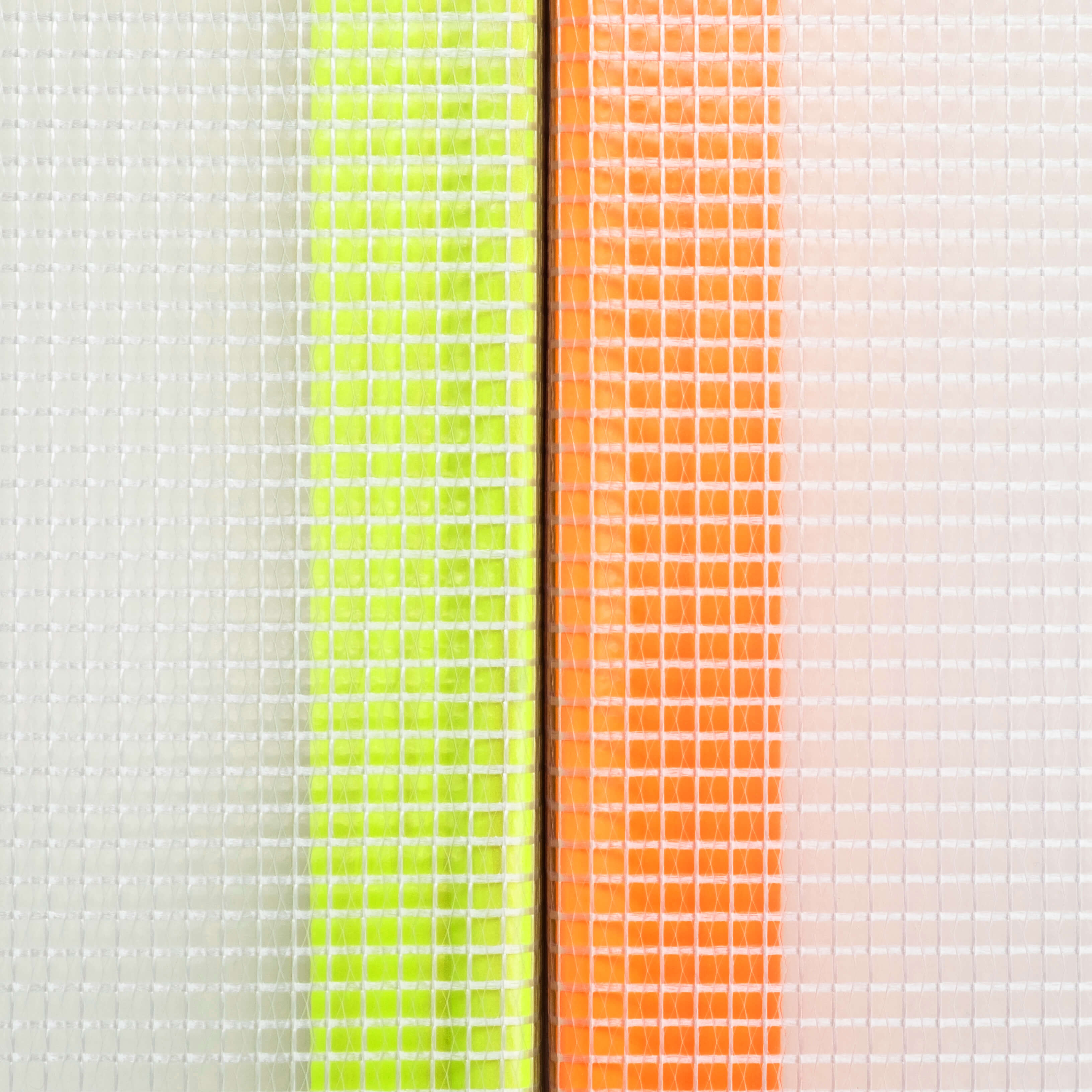 Poly Scrim (Chartreuse/Orange), 2020, PVC mesh, wood, enamel, 30 x 40 in