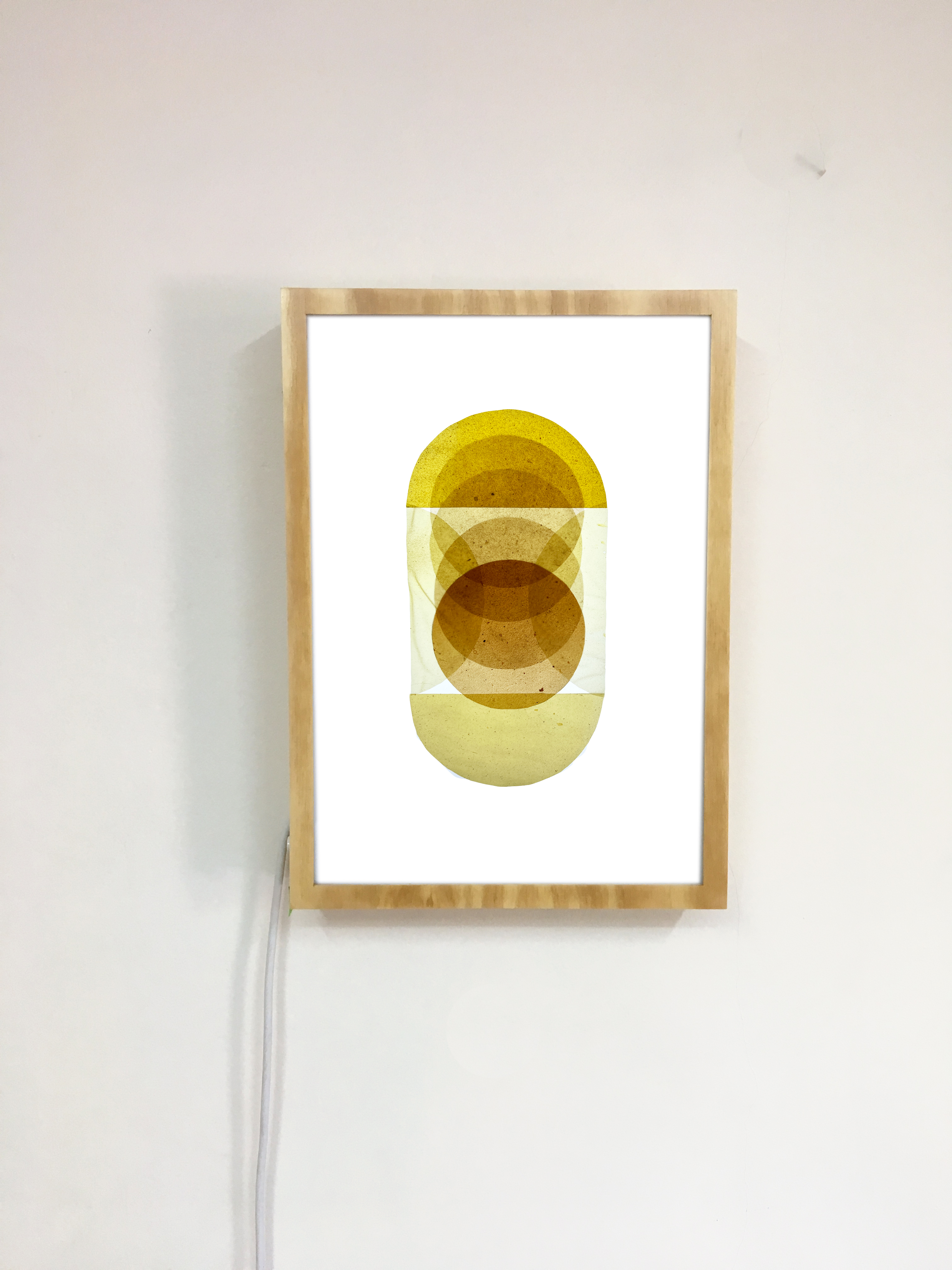 Ventana de Luz #07. Laminas de Bioplasticos y tintas vegetales (curcuma, hierba de san juan)  Cajas de luz,  retro iluminadas de madera. 30 cm x 42. VENDIDA