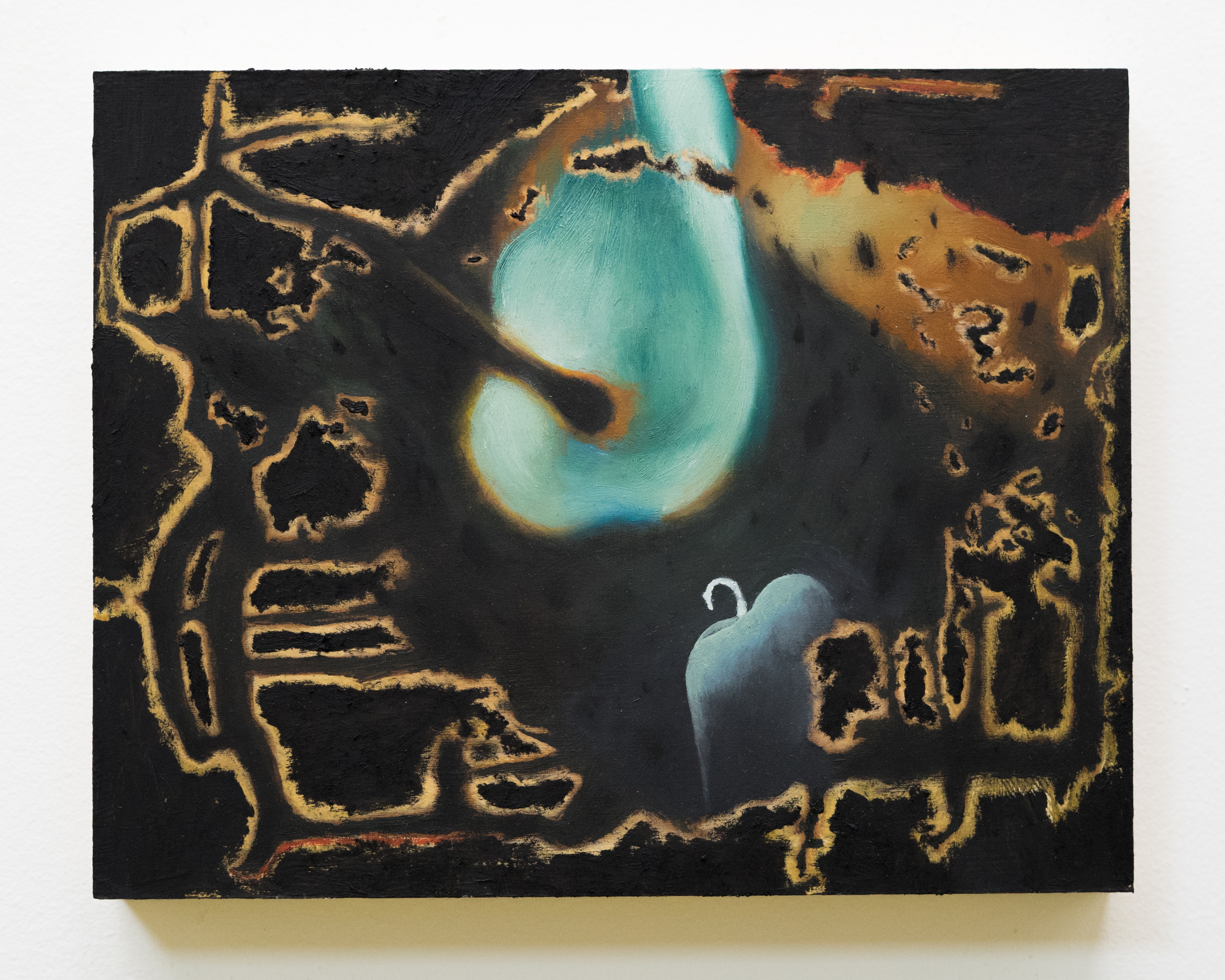"Fissure Exposing the Lighting of a Candle", Oil, Acrylic Ink, and Wax on Wood Panel, 10 x 8"