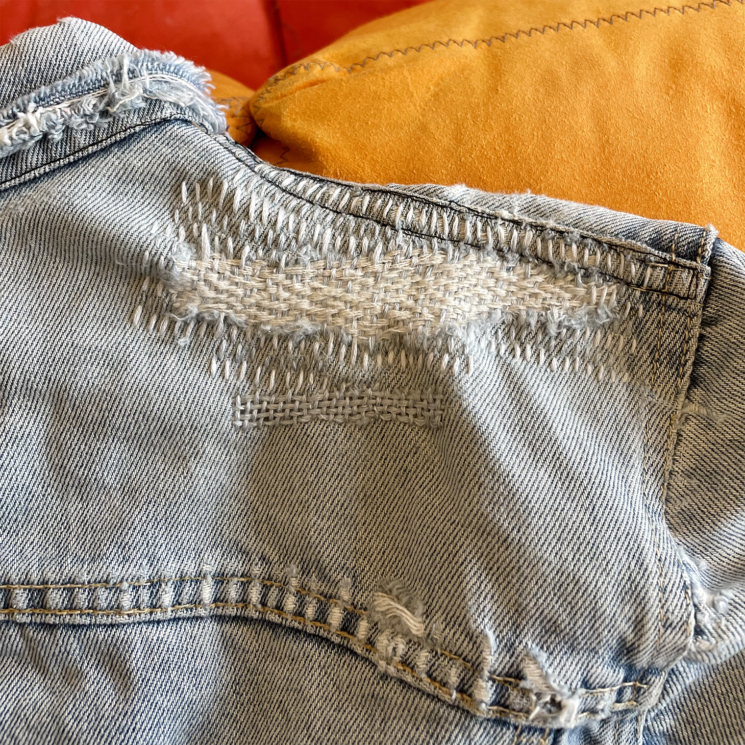 Denim repair on Vintage Fiorucci Jacket for Eva Joan Repair