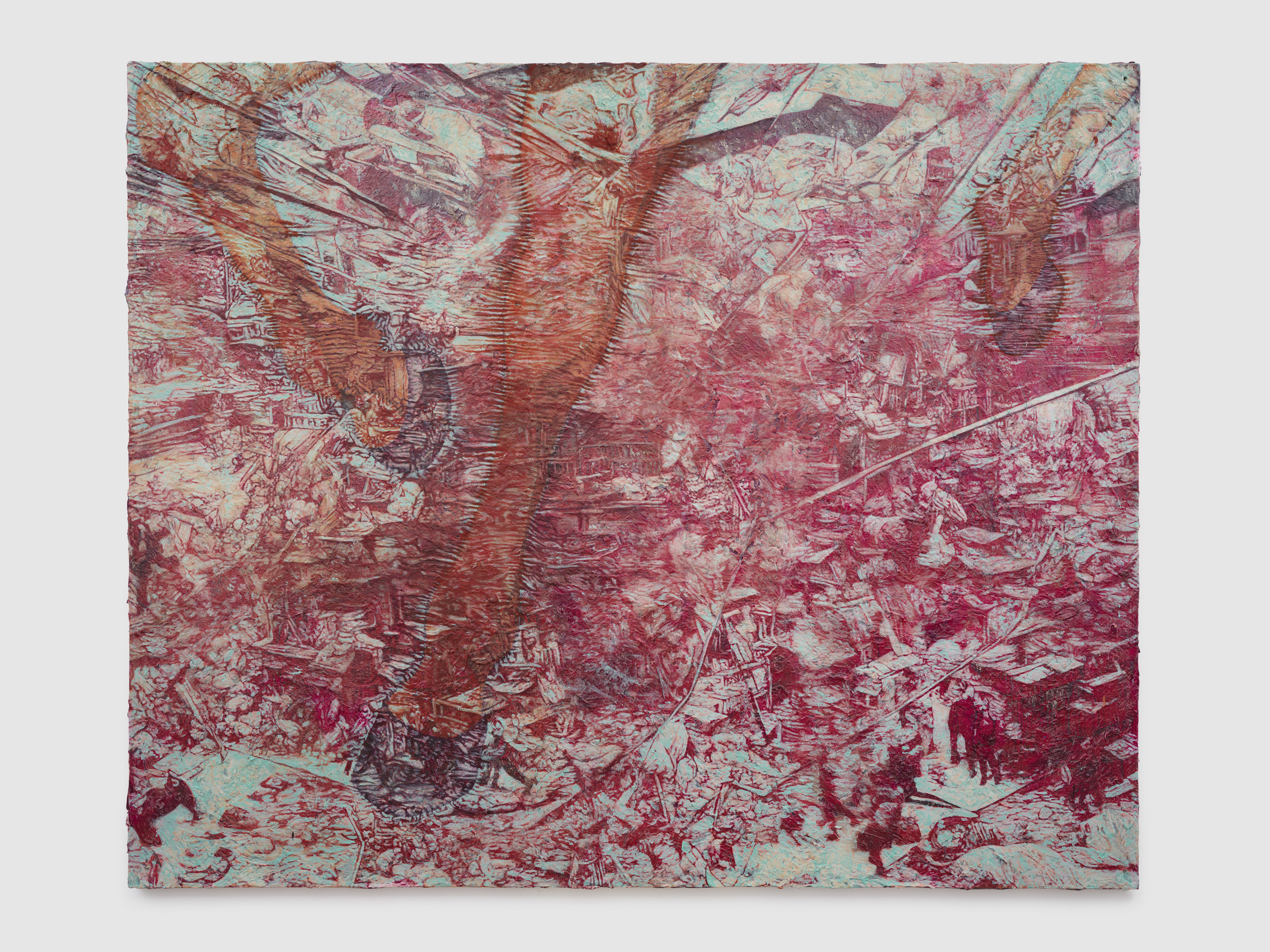 Village after Mehretu/anime horse legs, 2024, Acrylic, oil, and tempera on canvas, 181.5 x 223.5 cm