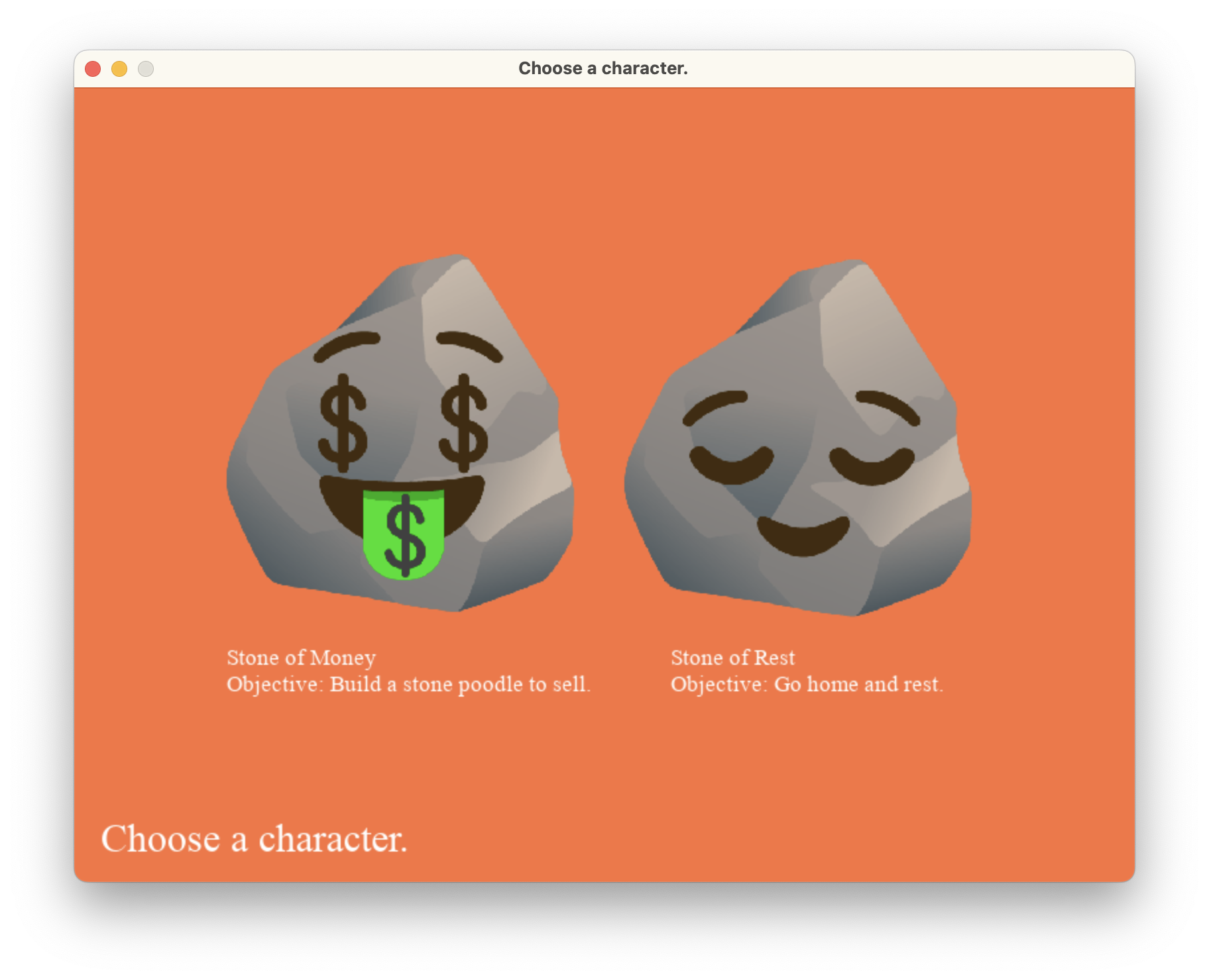 the quarry game screen - character selection