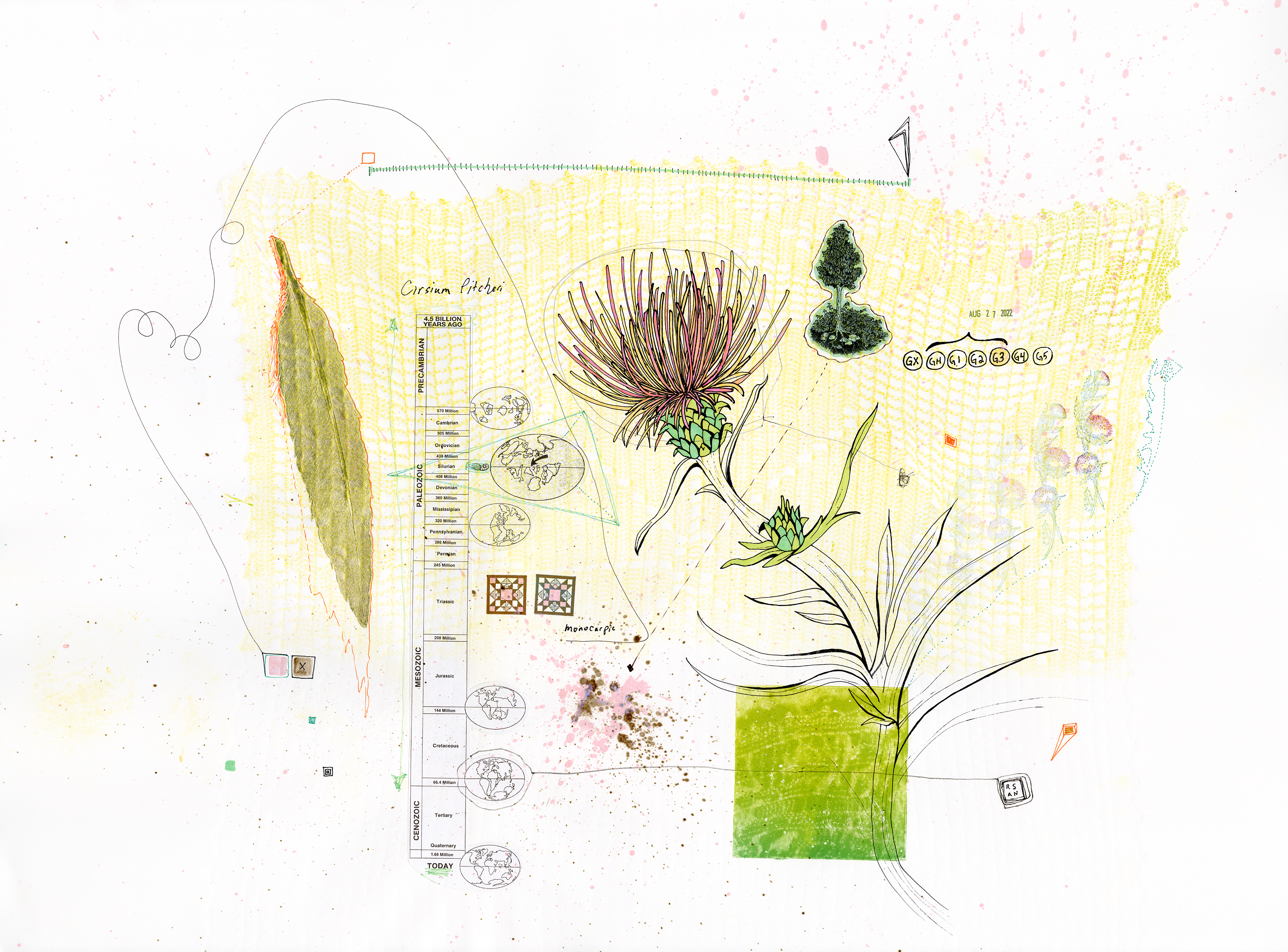 Drawing 14/56 from 56 days at the Dome House 22.5 x 30 inches, ink, Chine-collé, etching and stamps on Arches 88 paper- SOLD