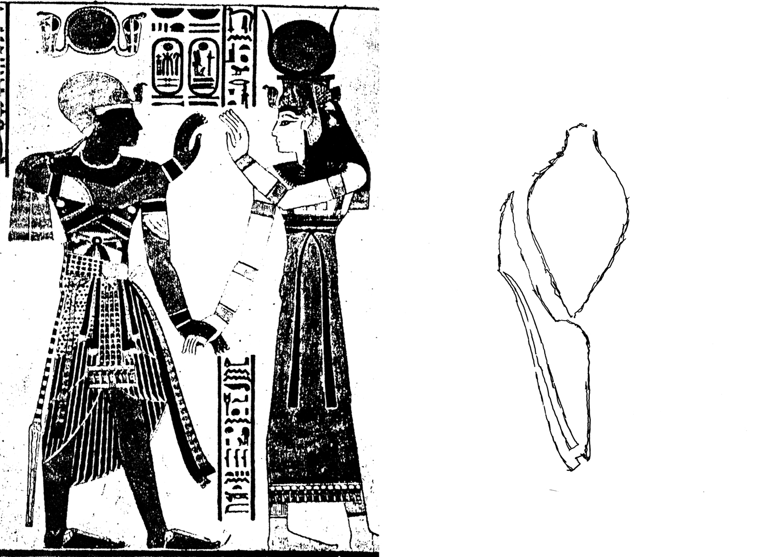 Gli spazi vuoti tra Ramses II e Iside,fonte iconografica + disegno, 1988