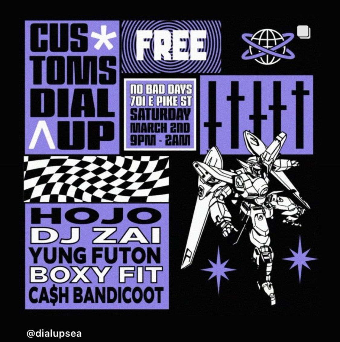 tonight @ nbd: WE HAVE THE BIG BOSS hojo IN TOWN FOR A LIL LONGER. Let’s have a big time 😇😇😇😇 Customs x Dial Up @ No Bad Days (701 E Pike St) SAT March 2nd >> 9pm-2am FREE  Tunes by: hojo, dj zai, yung futon, boxy fit & ca$h bandicoot 