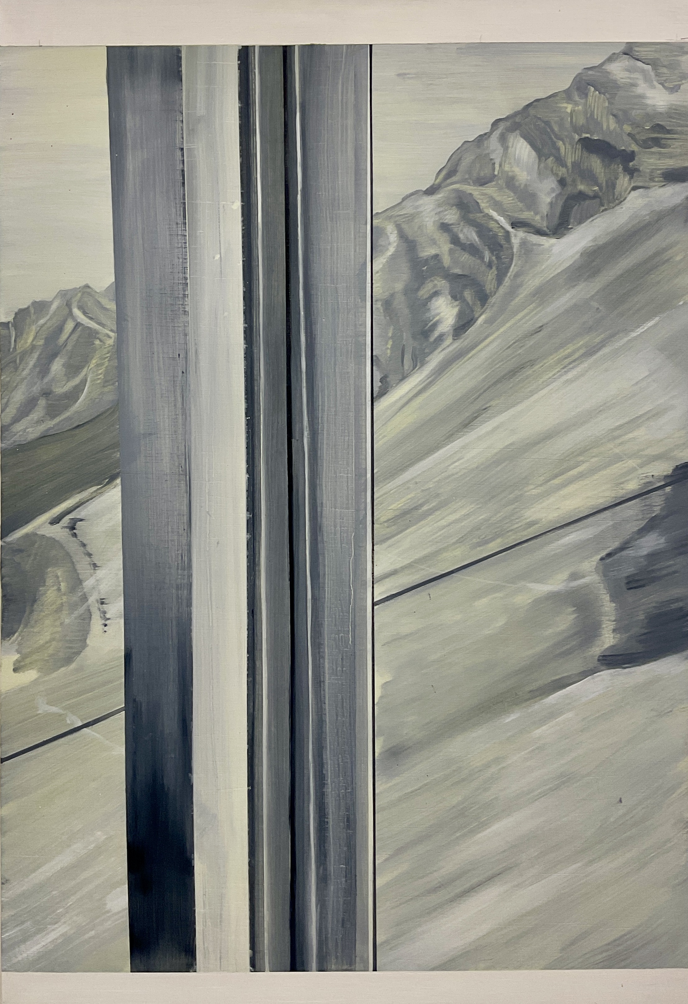 Squashed up against the window in a cable car, Oil on plywood, 74 x 53 cm