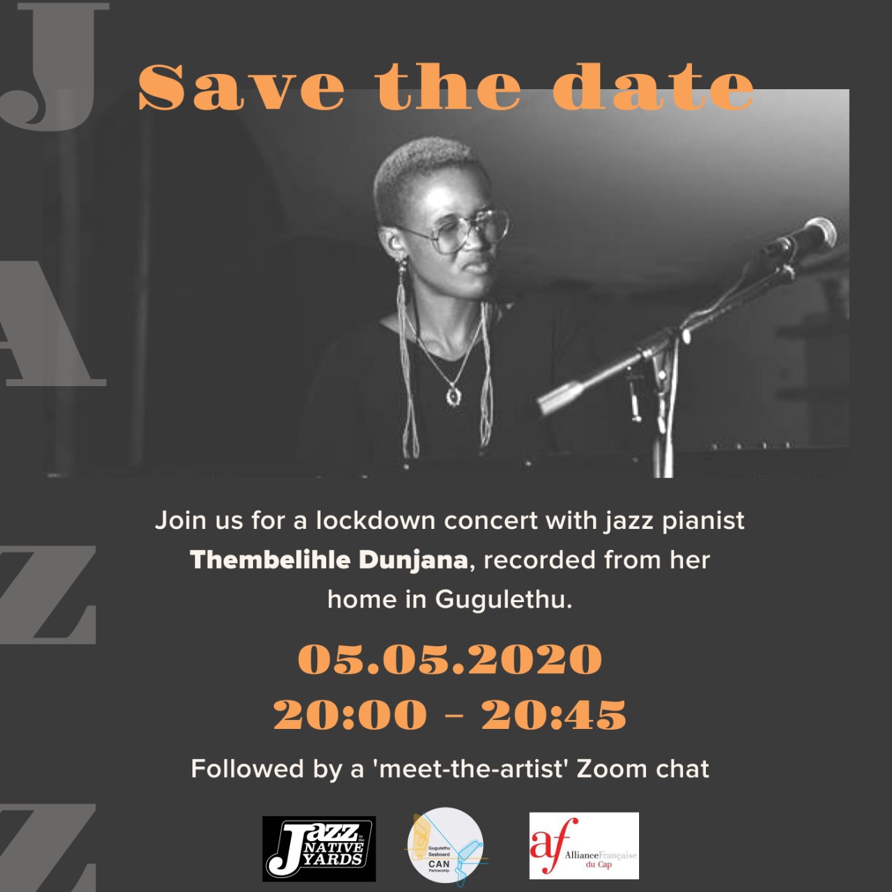 30.04.2020 In celebration of International Jazz Day we are sharing this save-the-date for the next Artists CAN Collab performance with jazz pianist Thembelihle Dunjana. As with previous concerts, 90% of sales go directly to the artist and 10% to our Gugulethu-Seaboard Partnership.