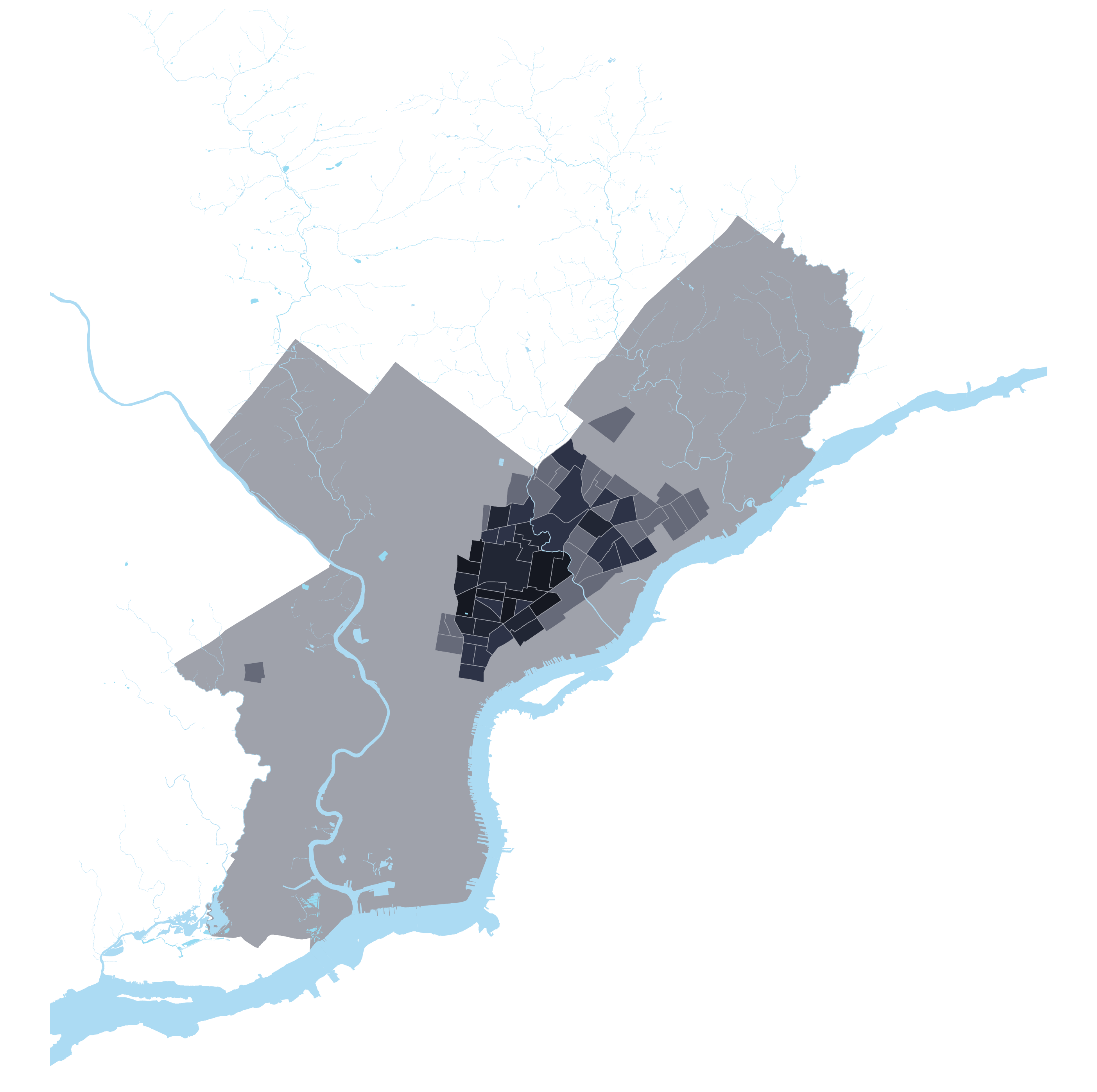 Philadelphia, % Puerto Rican. Darkest color indicates >40%, lightest 