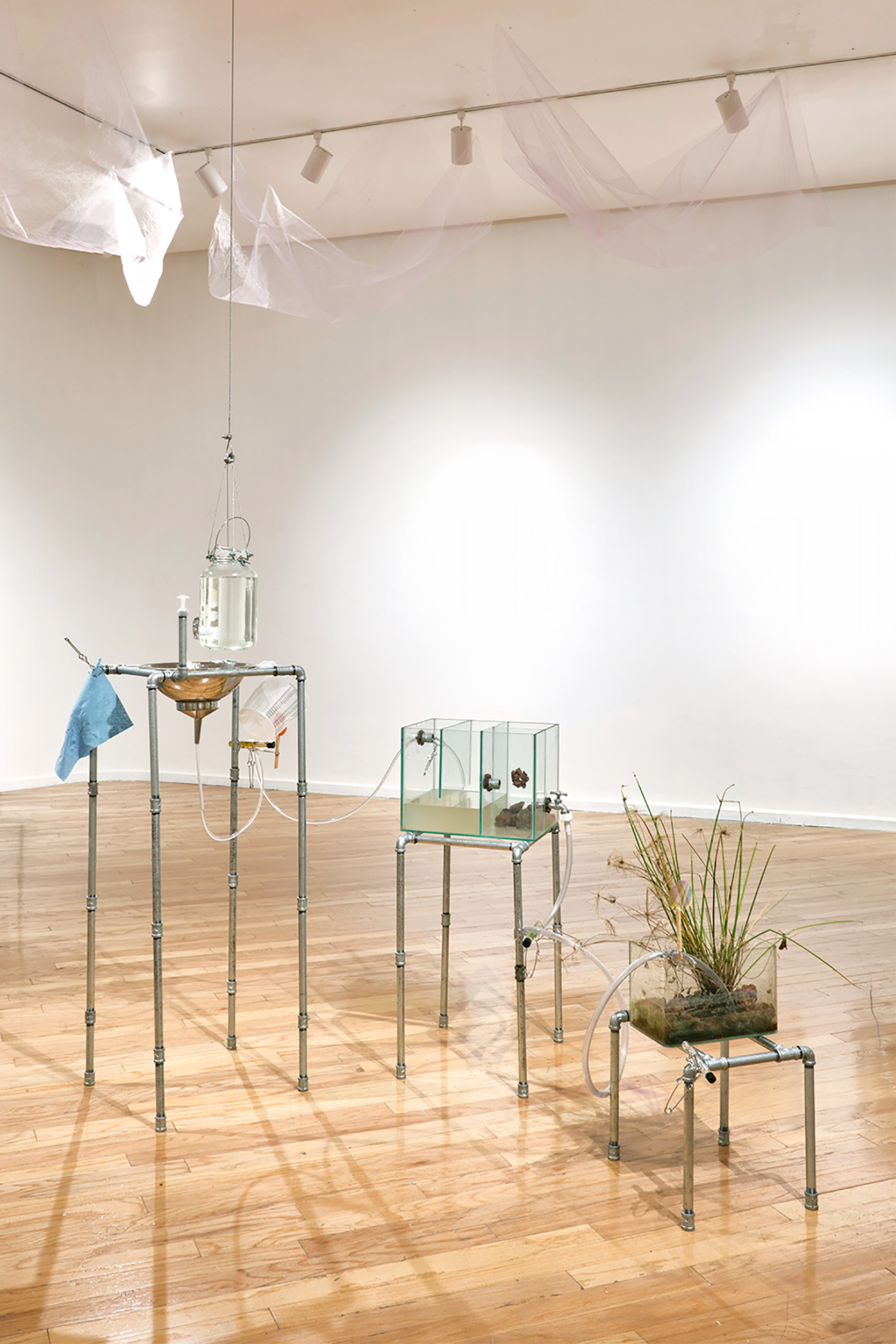  VM001 Valeria Michelle, Grieta h&iacute;drica; Releer a Marie Curie, 2024, Pipes, fish tanks, faucet handles, hoses, laboratory clamps, test tubes with basin samples, gravel, hand soap, water dispenser, photograph of the basin, water, bacteria, and phytoremediating plants from the Lerma&ndash;Chapala&ndash;Santiago&ndash;Pacific basin., 66 7/8 x 78 3/4 x 39 3/8 in 170 x 200 x 100 cm 