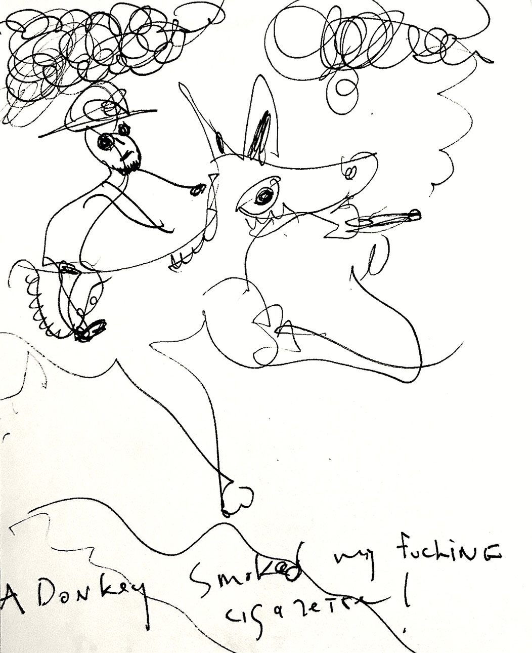 Gerben Mulder, A donkey smoking my fucking cigarette, 2019, crayon sur papier, 50 x40 cm, Courtesy de l'artiste et de La Banane Galerie