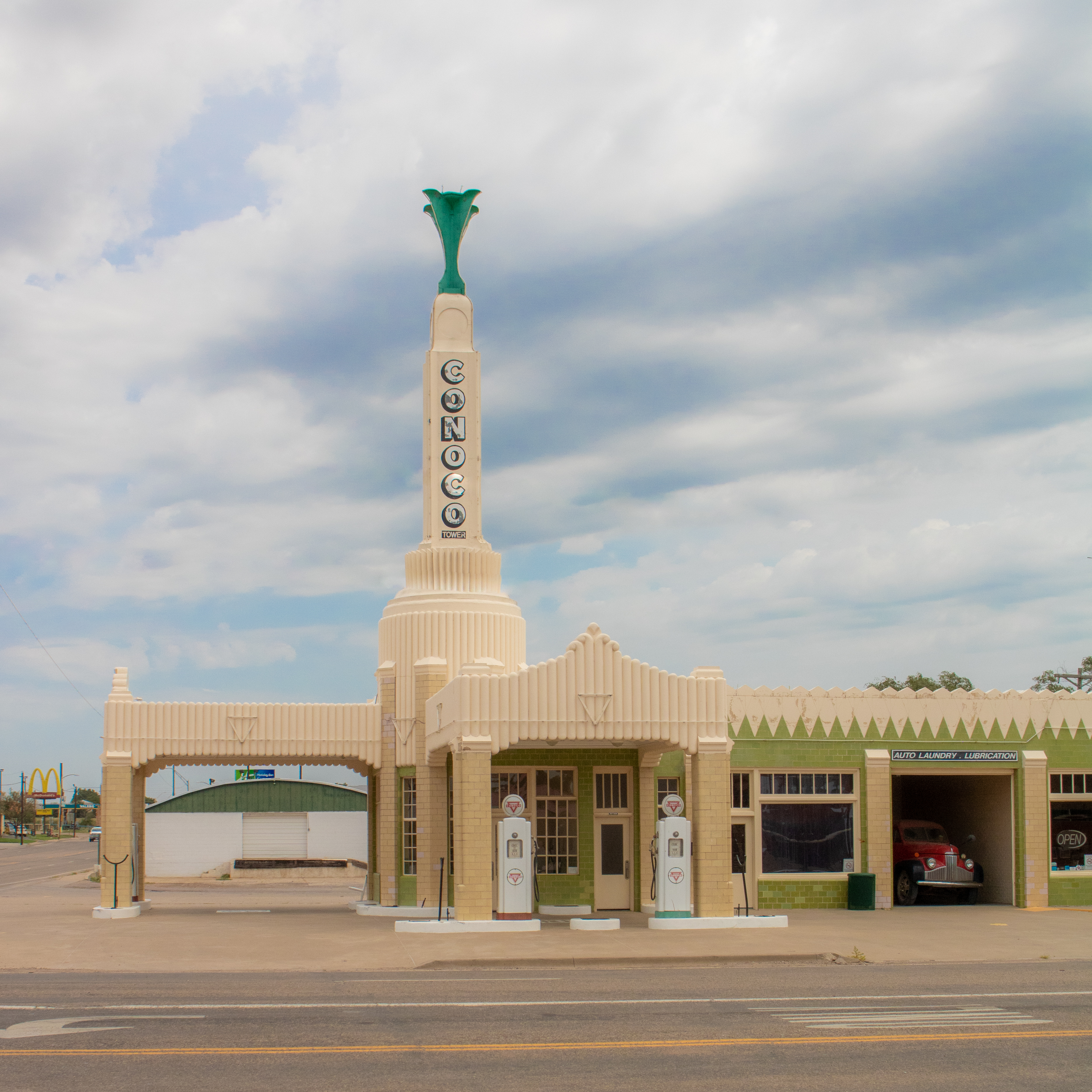The Conoco Tower Station in Shamrock, Texas, sits along the historic Route 66, featuring its vintage Art Deco architecture and nostalgic roadside charm.