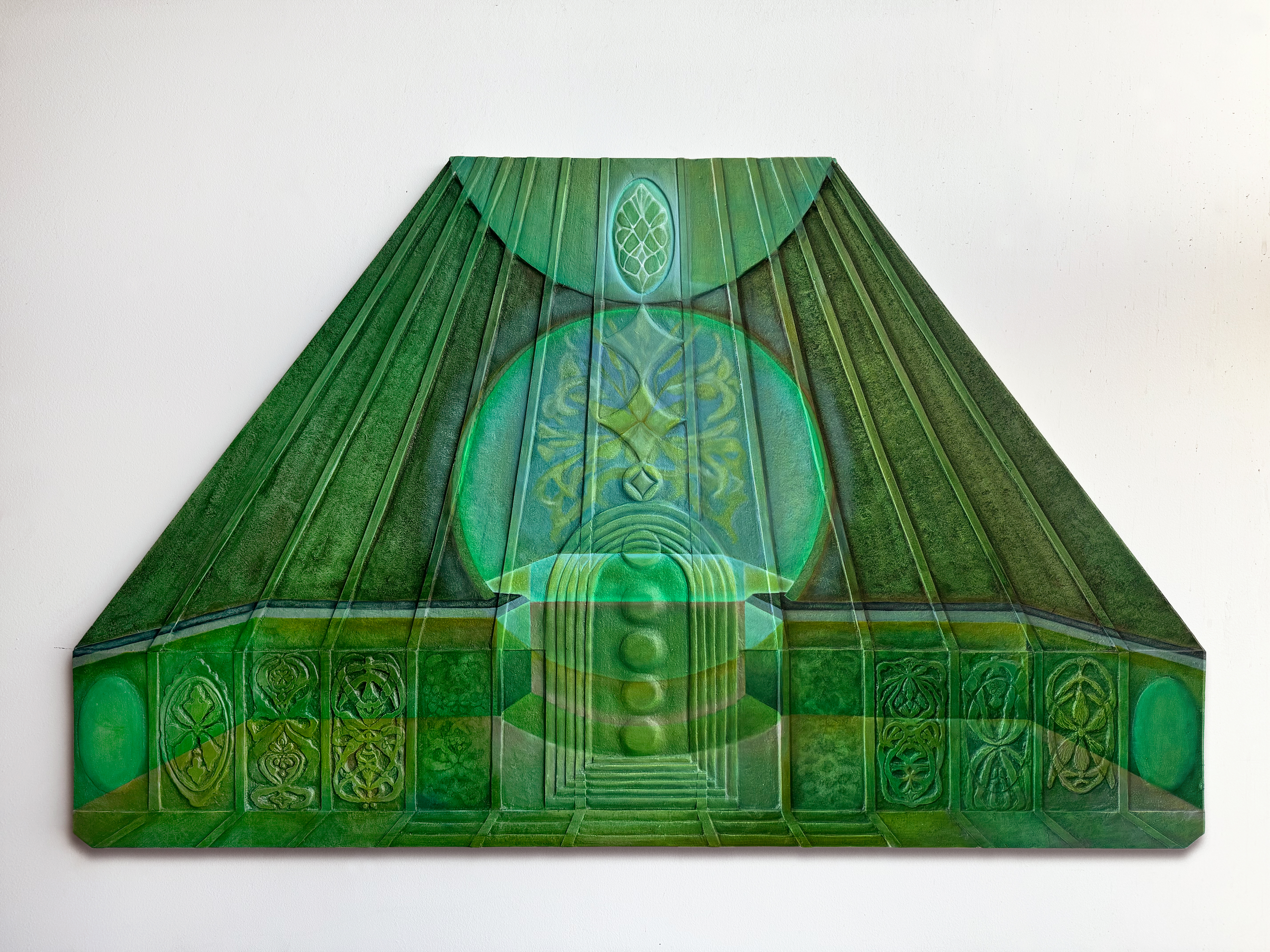 Lumen (unit) Lumen (anatomy), 2024, oil on hand-carved board, 20 x 40 inches