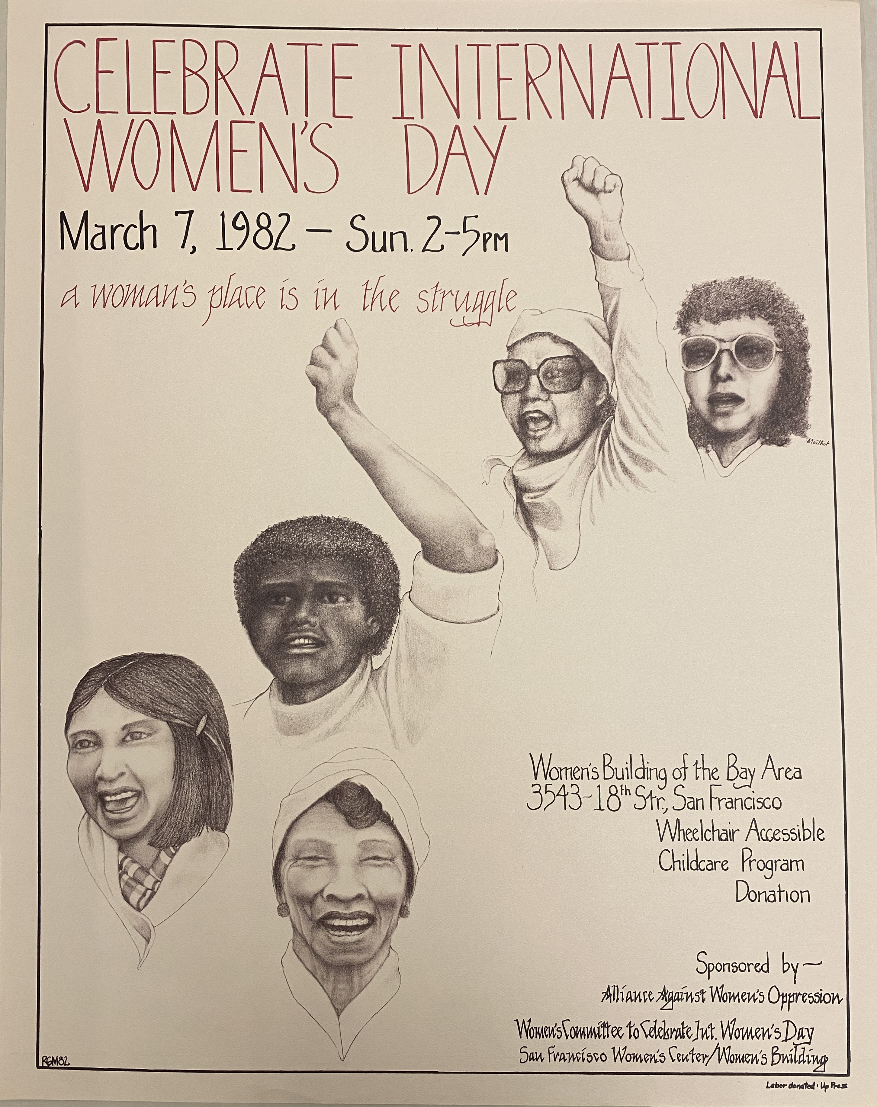 Poster for International Women's Day 1982, printed by the Women's Press Project, [Women's Press/Up Press Records (1991-23)], Courtesy of Gay, Lesbian, Bisexual Transgender Historical Society.