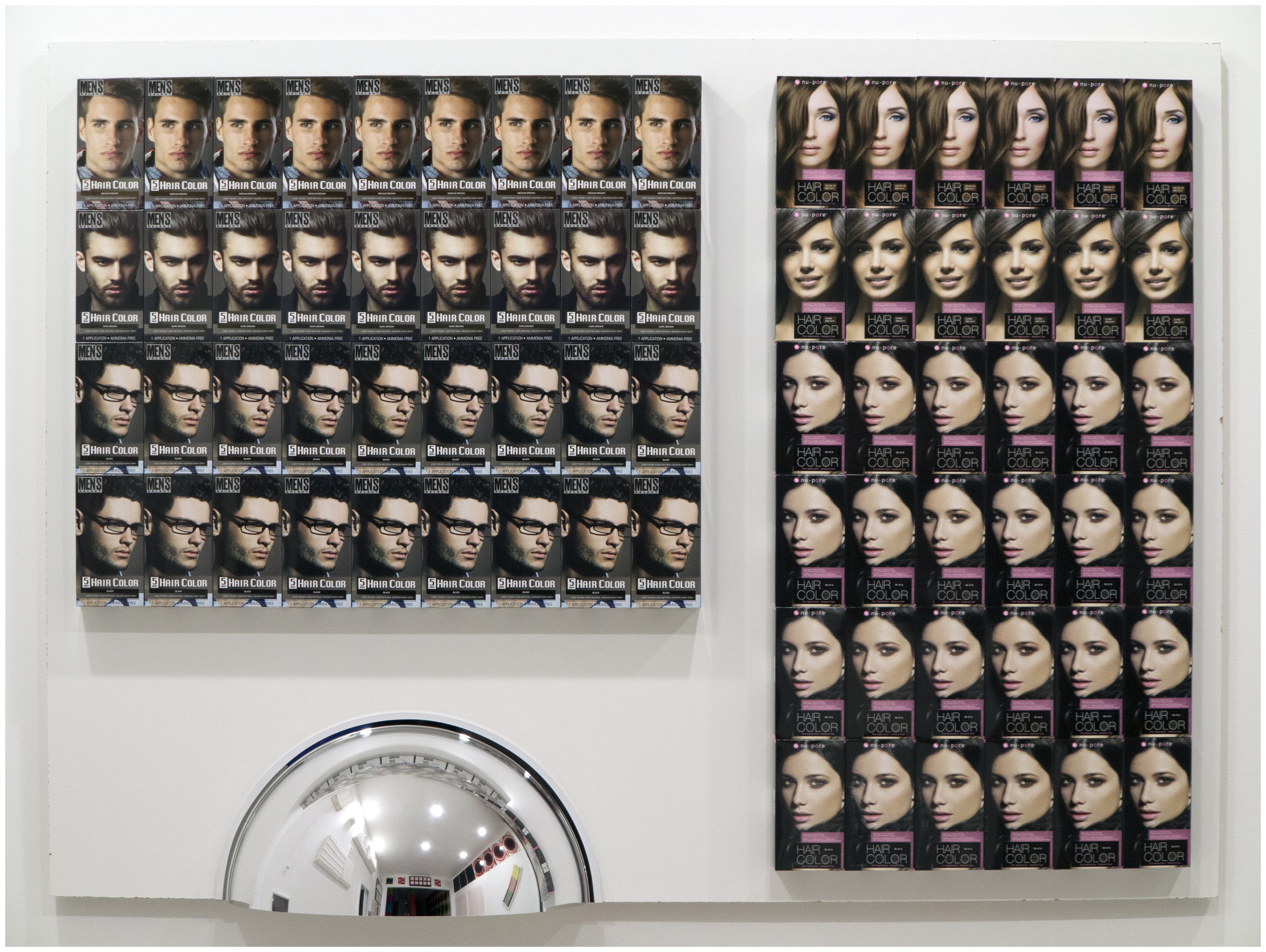 Look Young | Look Natural | Blends Away Gray, 2018One case of men's hair dye, one case of women's hair dye, half-dome acrylic safety mirror, melamine57.438 x 41.906 x 10.063 in.145.89 x 106.44 x 25.56 cm