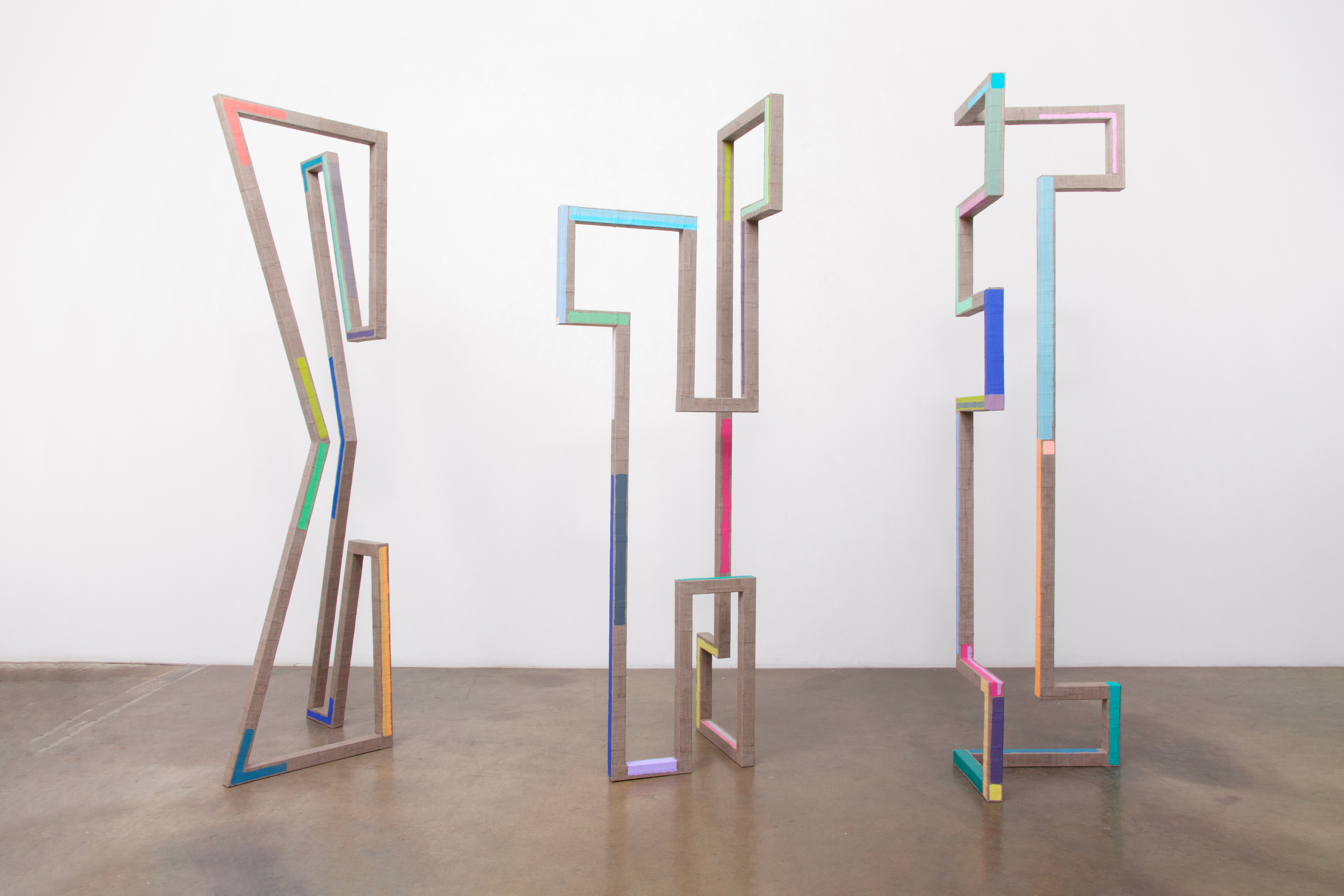 Stall, Extend, Unfold, 2018Steel wrapped with linen, acrylic paintApprox. 96" x 30" x 30" each