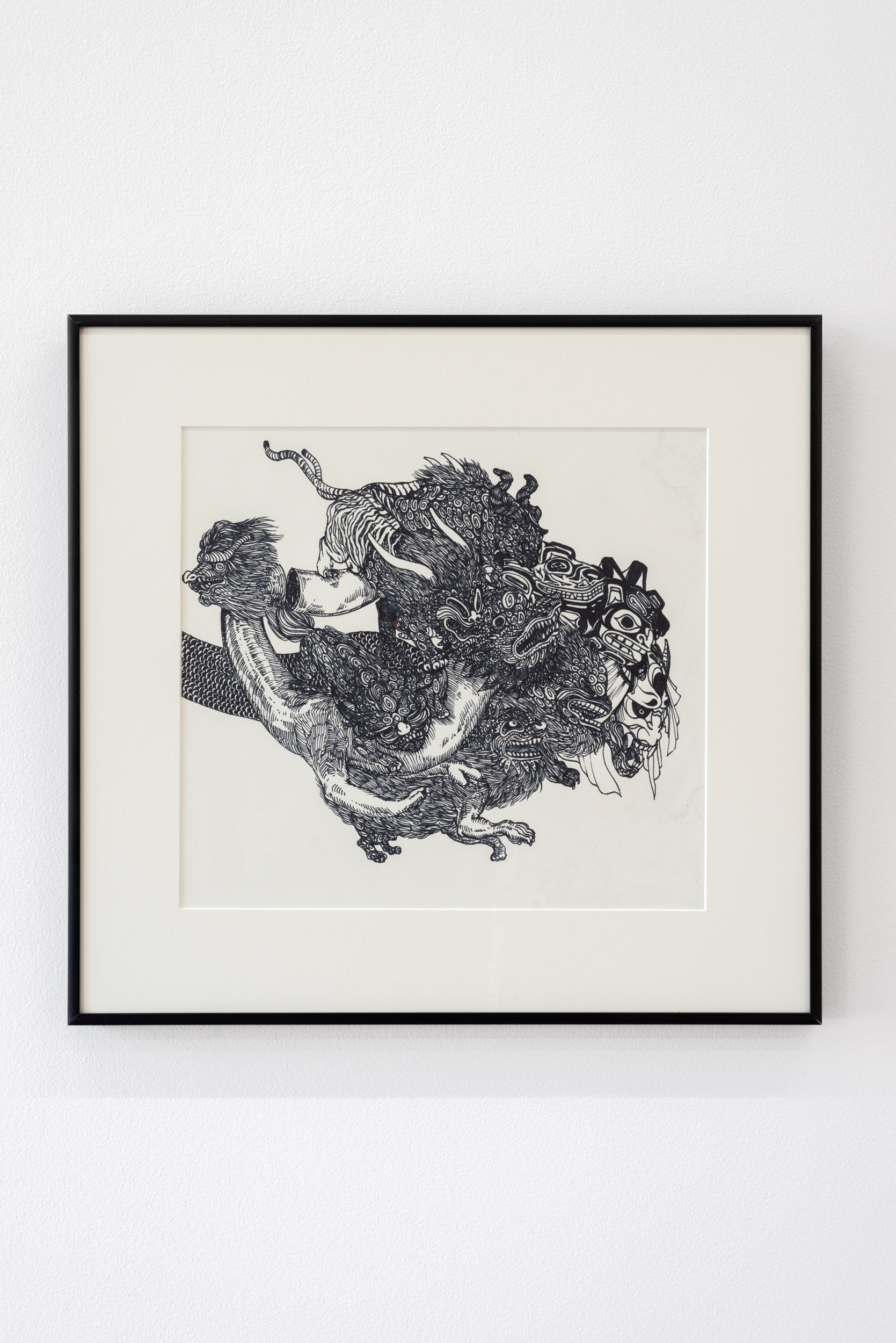 Shayne Weston Abbott-Arcan, Untitled (mask), 2021–22, 12” x 13” / 30.5cm x 33cm. Ink on paper, framed and glazed. Inquire about limited edition prints.