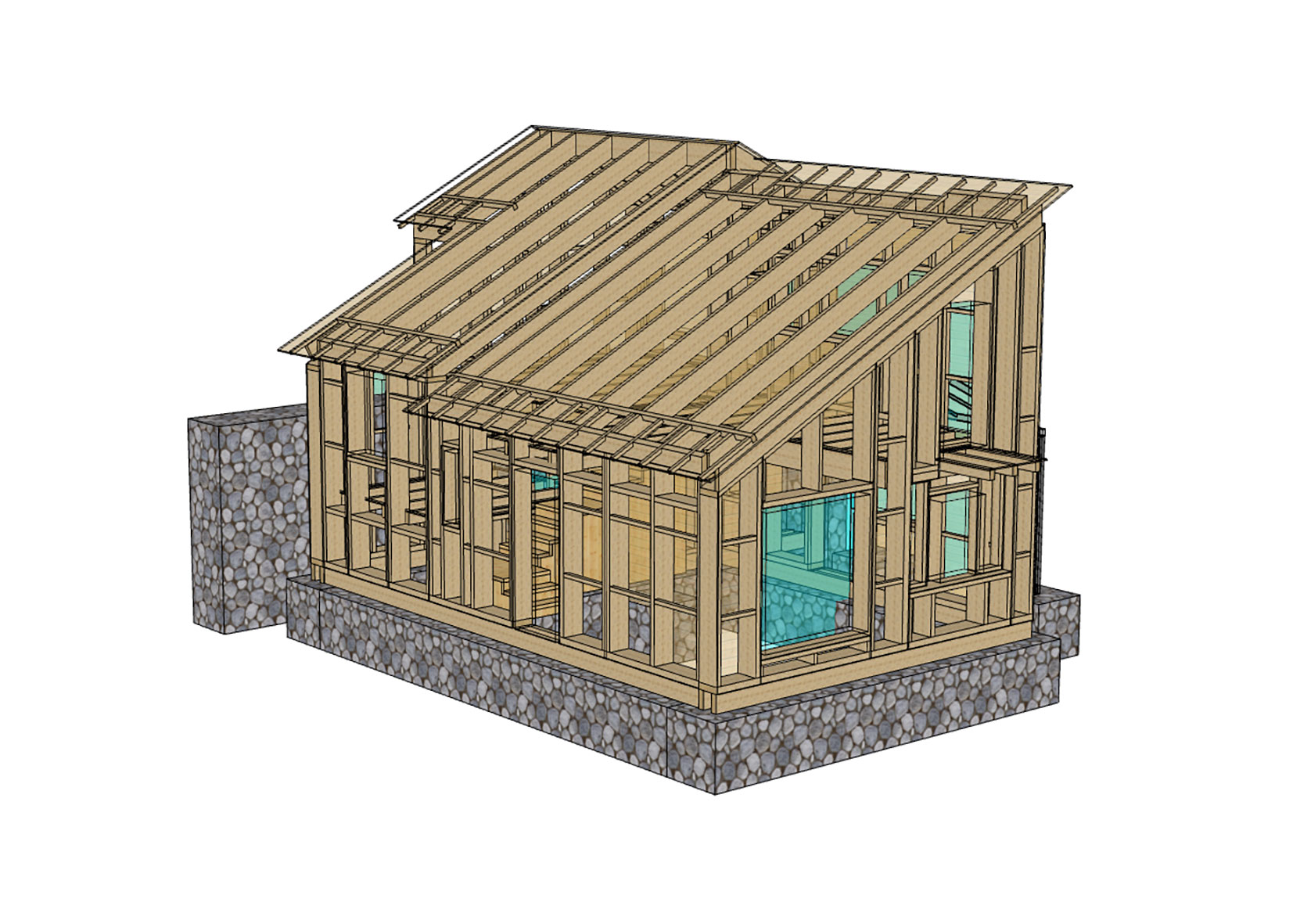 le 3D de la structure: une ossature bois et un remplissage en bottes de paille seront ensuite enduit à la chaux (extérieur) et à l'argile (intérieur)