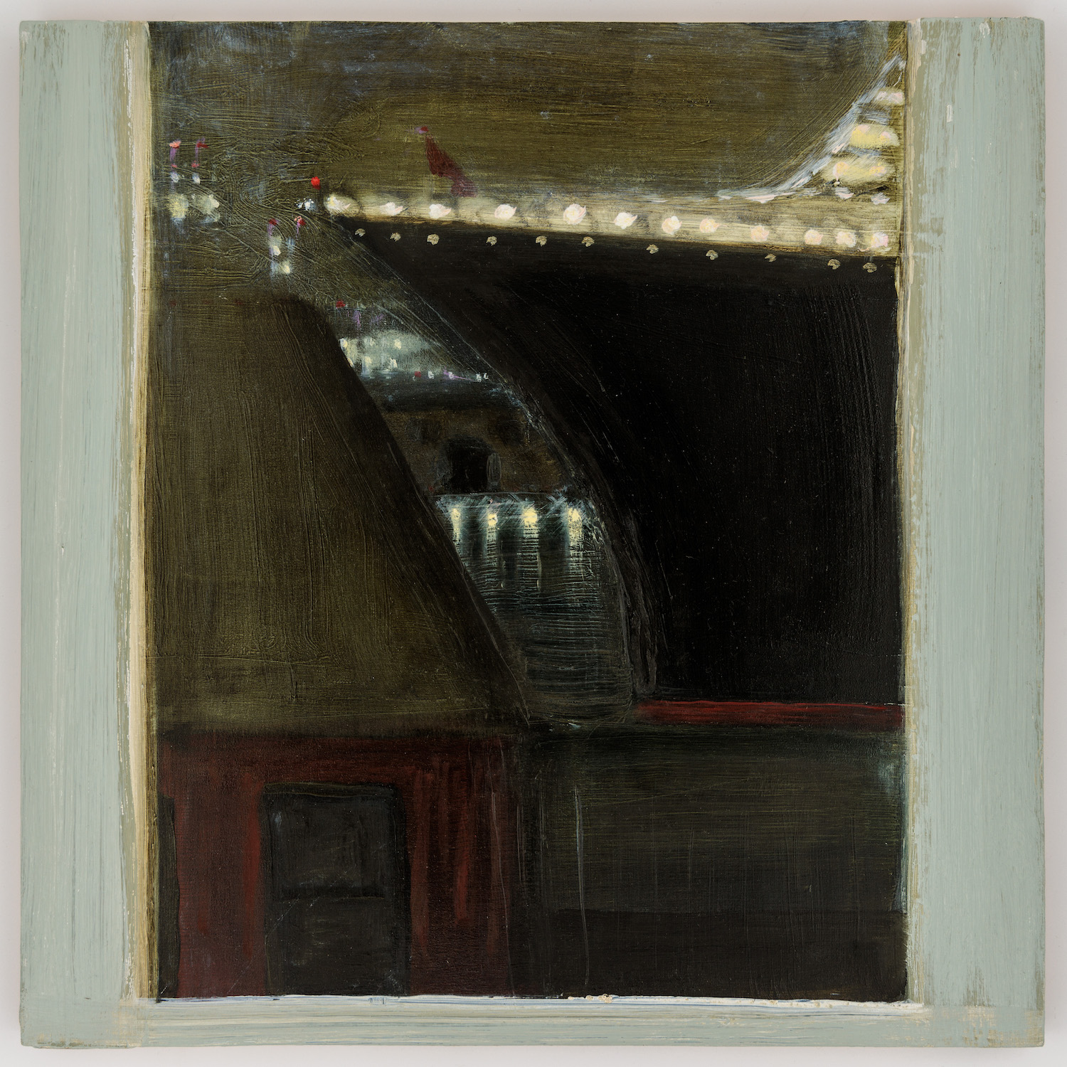 Kathryn lynch, QM2 out the Window, 2018, Oil on board, 14 x 14 in.
