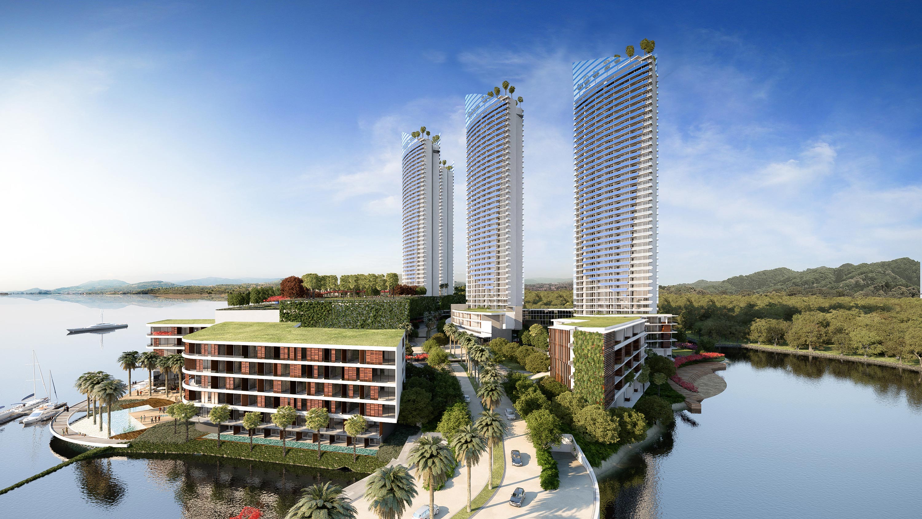 A waterfront resort proposed for Johor Bahru in Malaysia, with ample street landscaping and soaring towers.