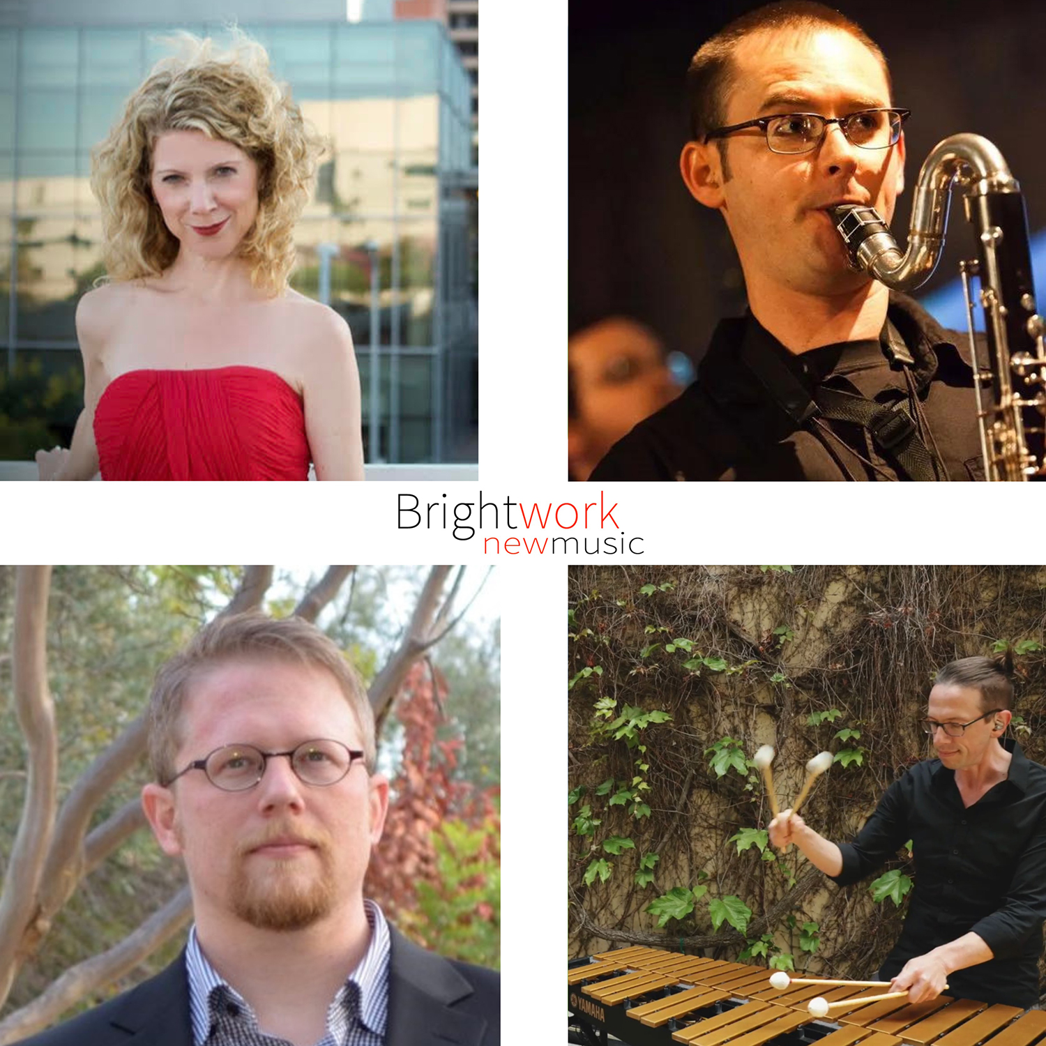Four head shots of musicians in one image file also says "Brightwork newmusic" in the middle. Two musicians on the left top and bottom face the camera; and two musicians on the right top and bottom are playing musical instruments.