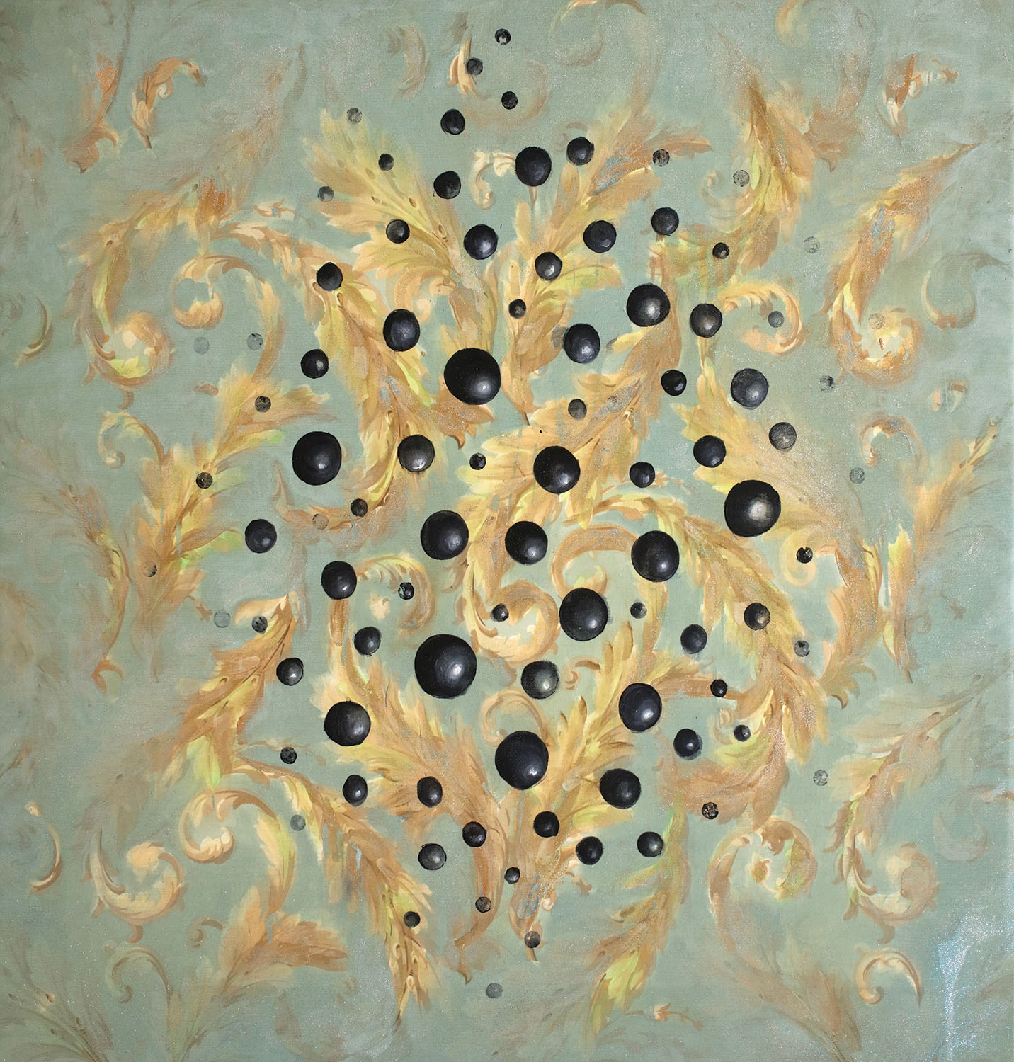 Spheres of Perception, 2019 Painted acrylic embellishments  on printed fabric  52 x 52 in.