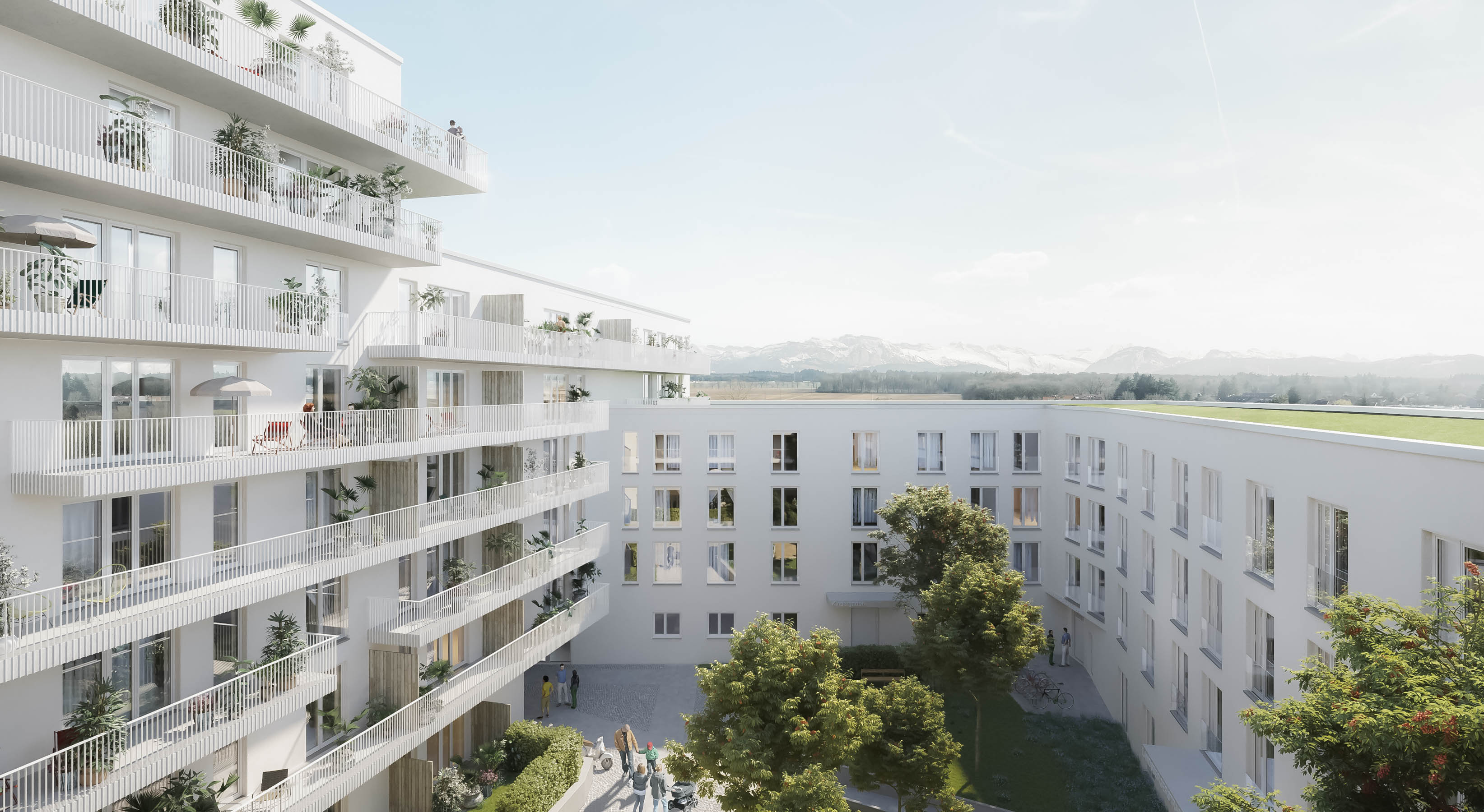 Rendering of the residential complex Landsbergerstraße in Munich with a clear view to the Alps.