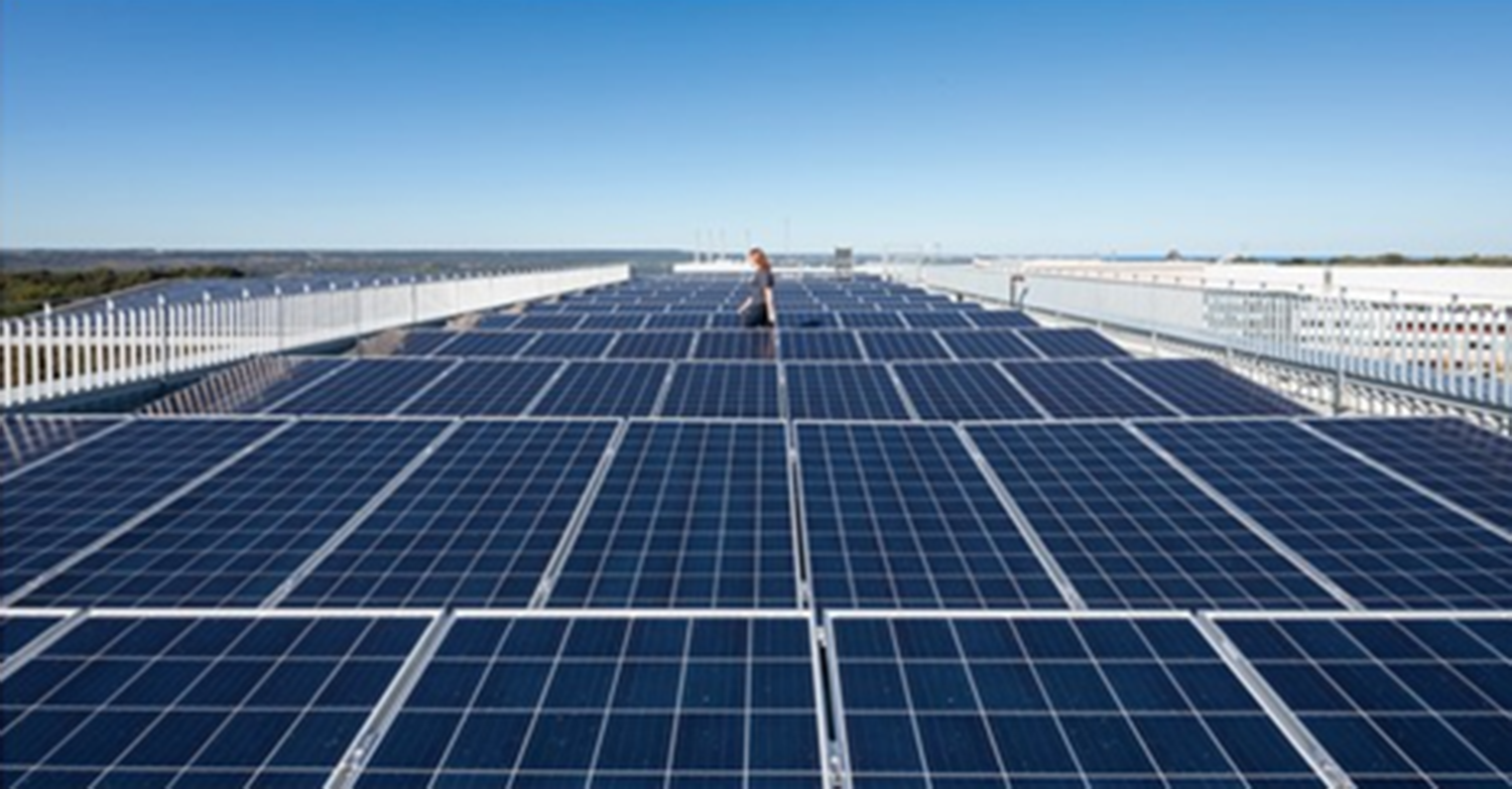 Rooftop photovoltaic panels are made available to interact with as part of the Joyce Centre’s living laboratory feature.