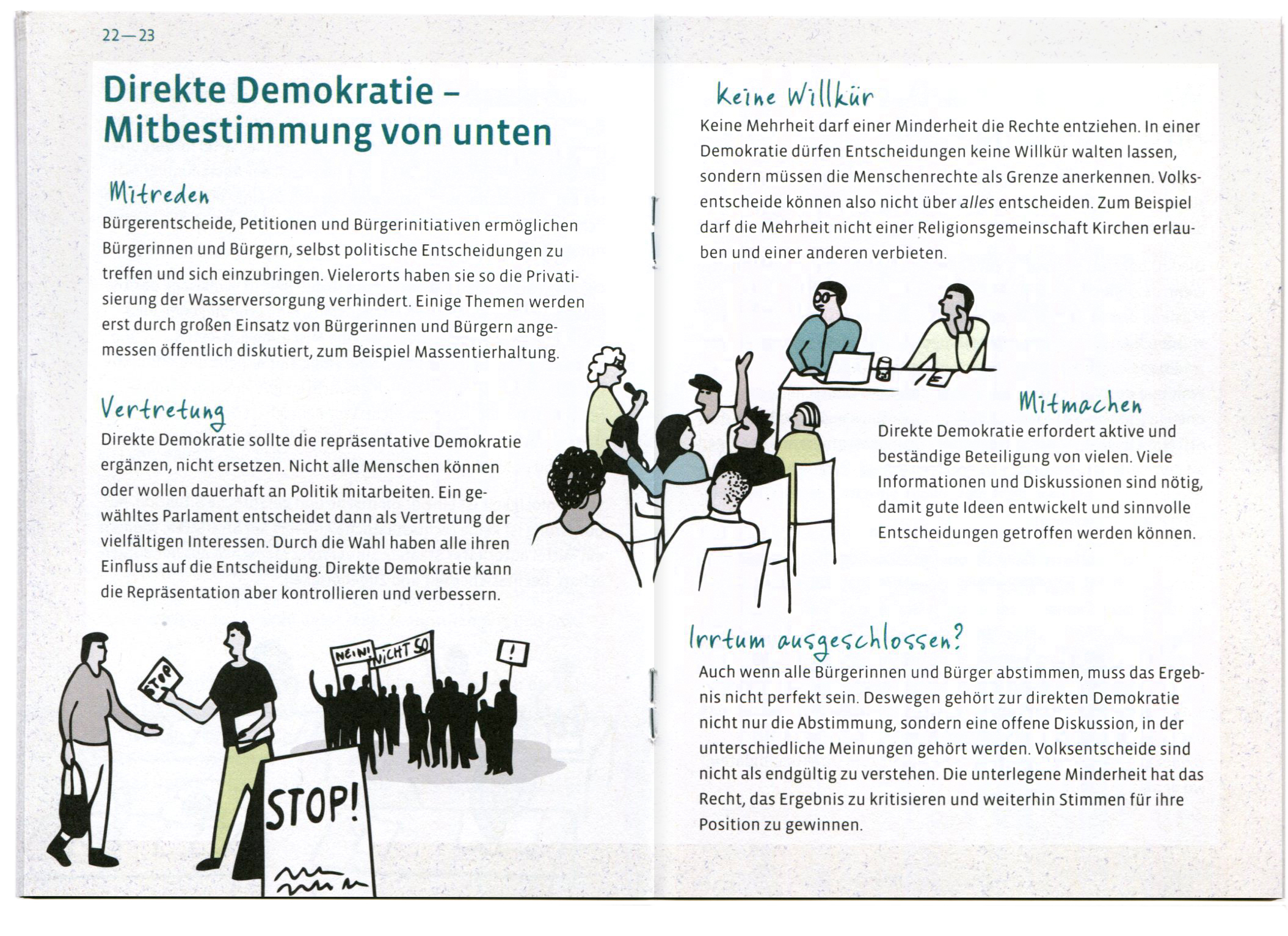 Broschüre mit Illustrationen zum Thema AfD, Rechtspopulismus, politische Bildung
