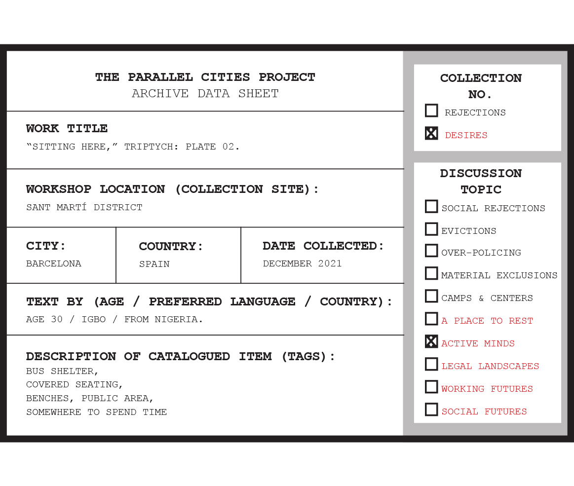 Archival tag for triptych, plate 01, COLLECTION 02: Desires // Chapter 02.1 "Active Minds.” Workshop in Vila Olímpica, Barcelona ES. 