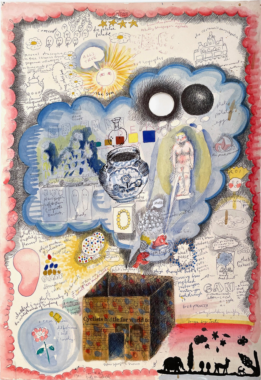 Jeffry Mitchell, Newspaper Haus, 1991, Watercolor, ink and collage on board, 30 x 22 in. $2,500