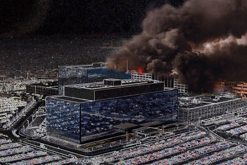 NSA Headquarters on Fire 2019, found photograph, altered. Courtesy of the artist.