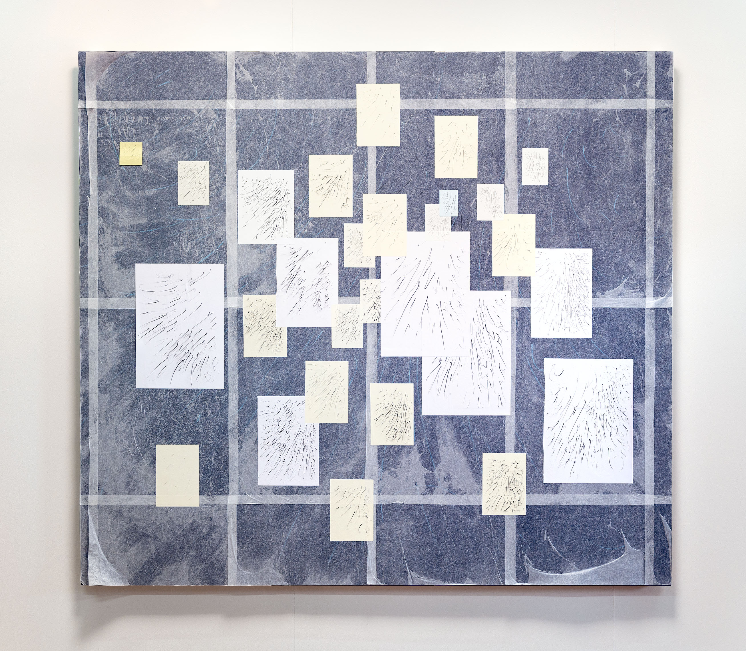 Aantekeningen (or, Annotations on excitation)(2021-) 2025&nbsp;Pencil on paper, tissue paper, crayon, paint on wood.