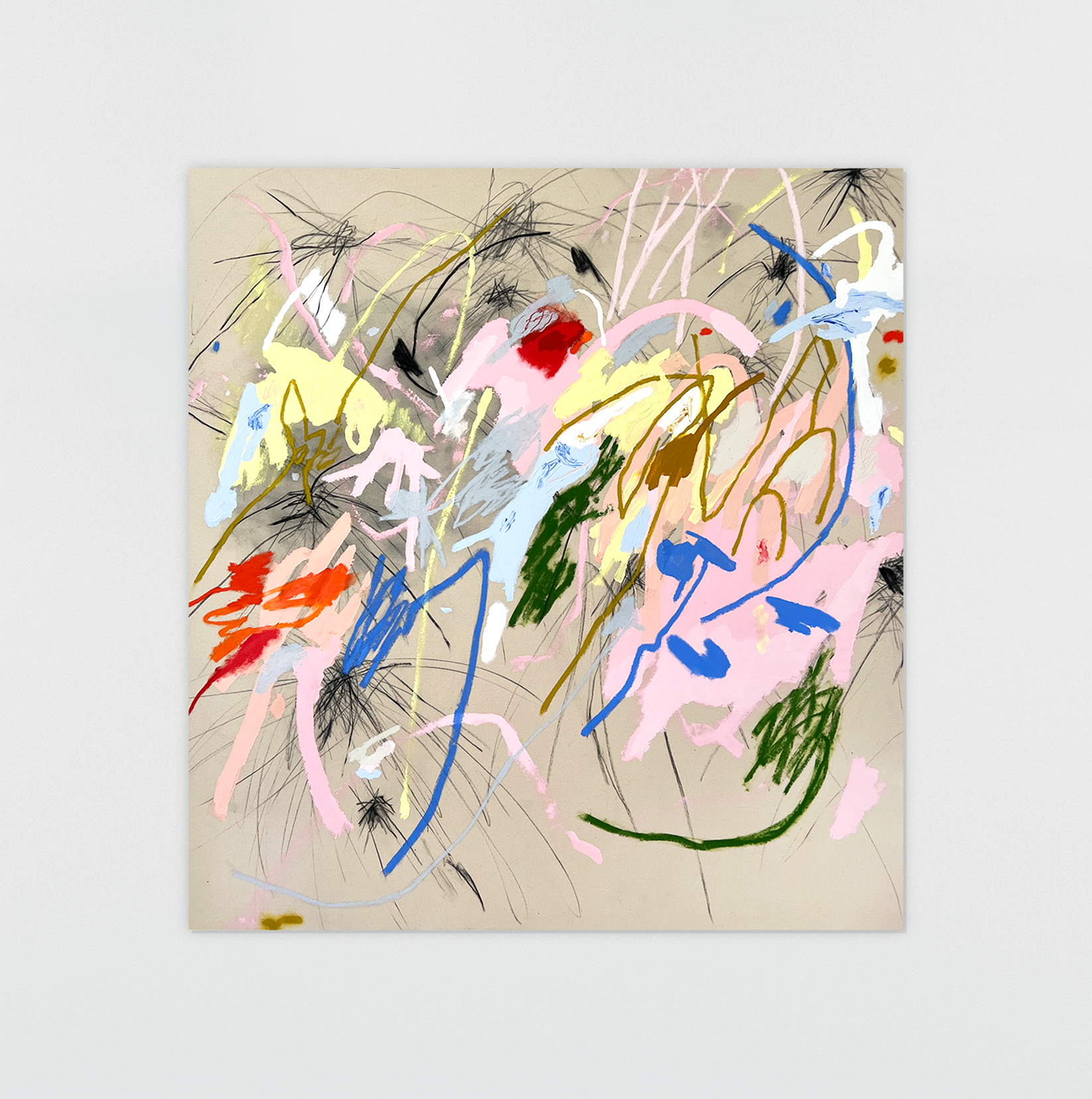 Sparks. Acrylic, oil stick, charcoal & graphite on raw canvas, 176 x 165 cm, 2024.