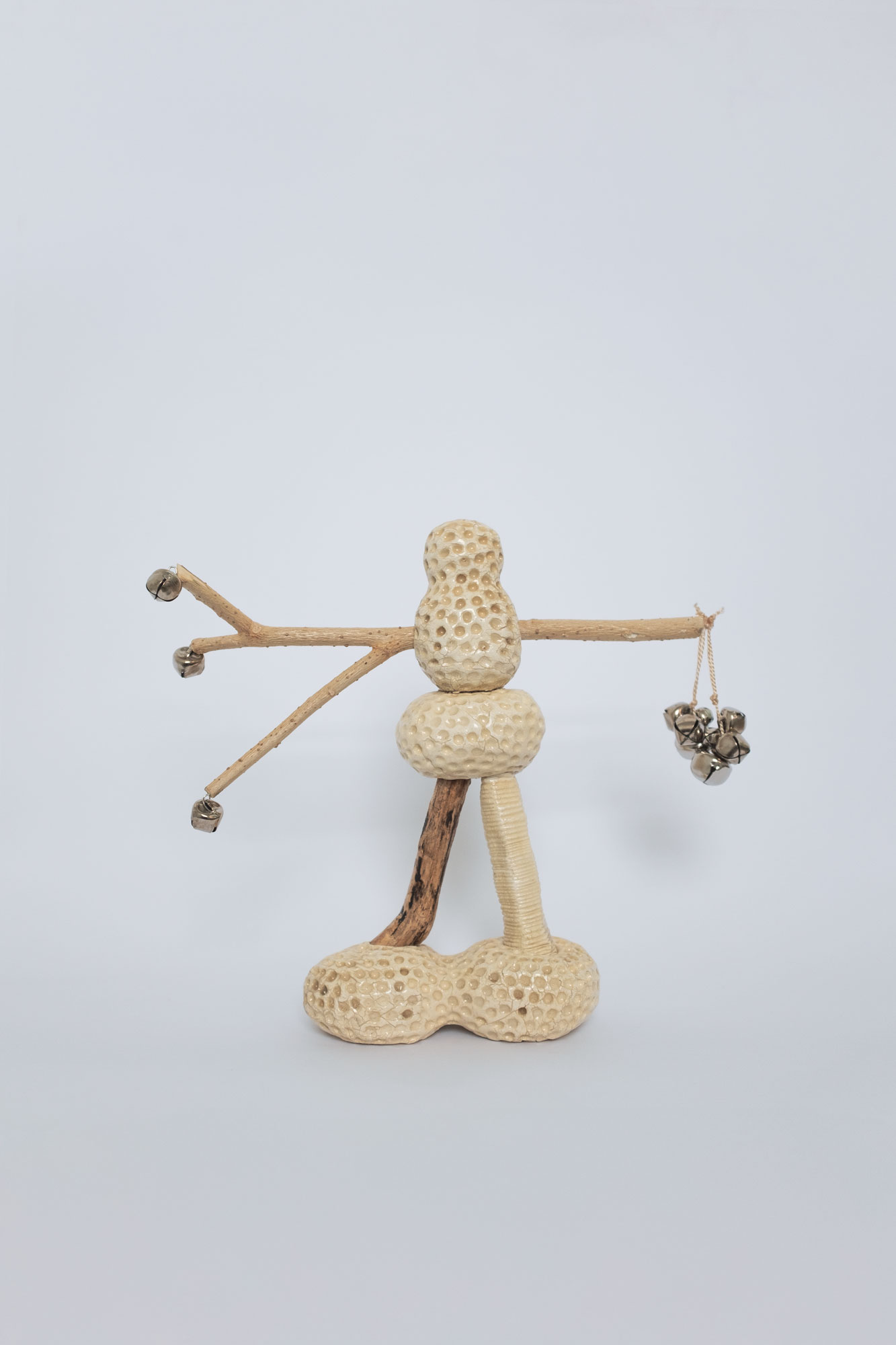 "Hand Bells 014", 2025, self-hardening clay, wood, bells, resin