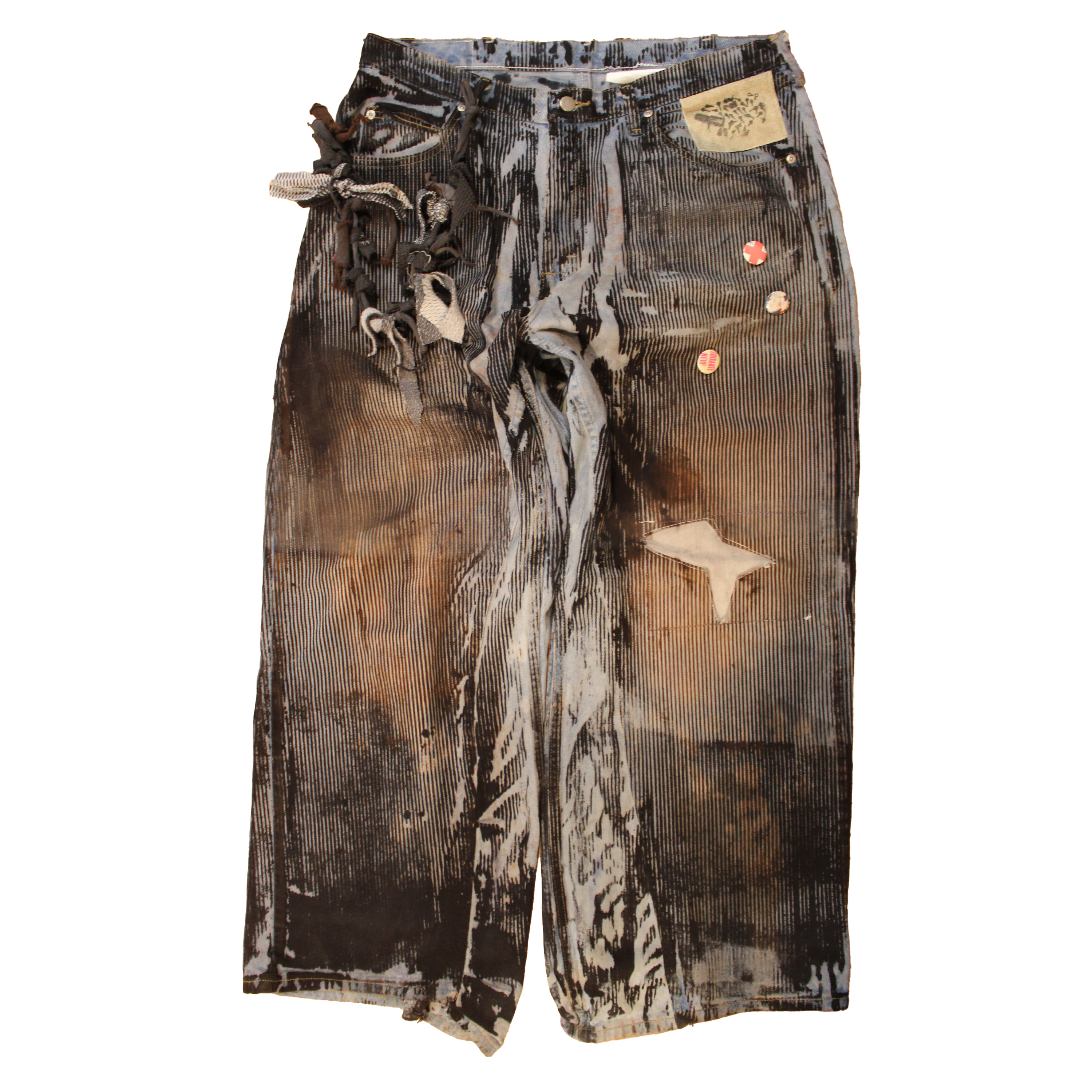 reclaimed vintage surplus denim screen printed with pinstripes in textile dye. tailored for straight/wide fit. fitted with custom keychain, scrap chain, and leather patches