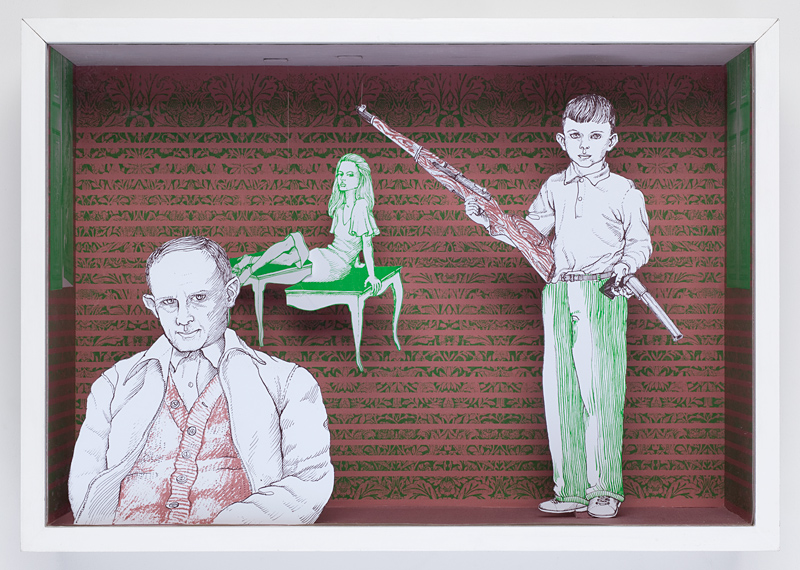 Split Damsel, 2009. Silkscreen on Bristol board, linen bookcloth, nylon, MDF, glass, 42 x 60 x 20 cms | 16.5" x 23.6" x 7.9"